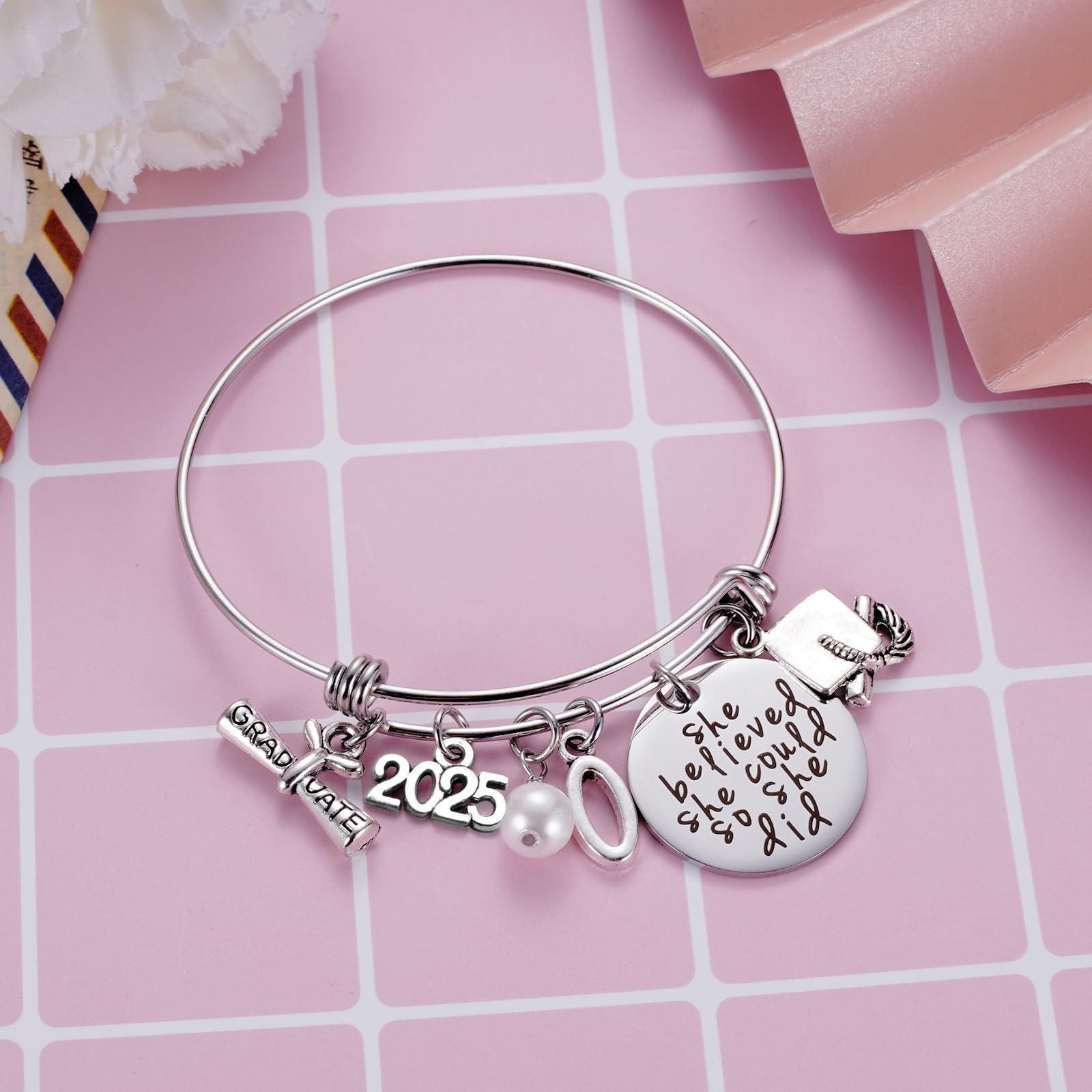 Ukodnus Class of 2025 Graduation Bracelet - Personalized 26 Initial Charm Bracelet for High School & College Graduates - Inspirational Gift for Her - Perfect for Commencement Ceremonies & Graduation Parties