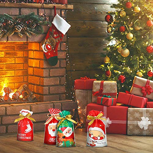 50 Pcs Christmas Candy Treat Bags - Plastic Drawstring Gift Bags for Holiday Party Favors, Birthday Snacks, Wedding Favors & Xmas Goodies (Green Tree Design) - Perfect for Christmas Parties, Classroom Treats & Gift Wrapping