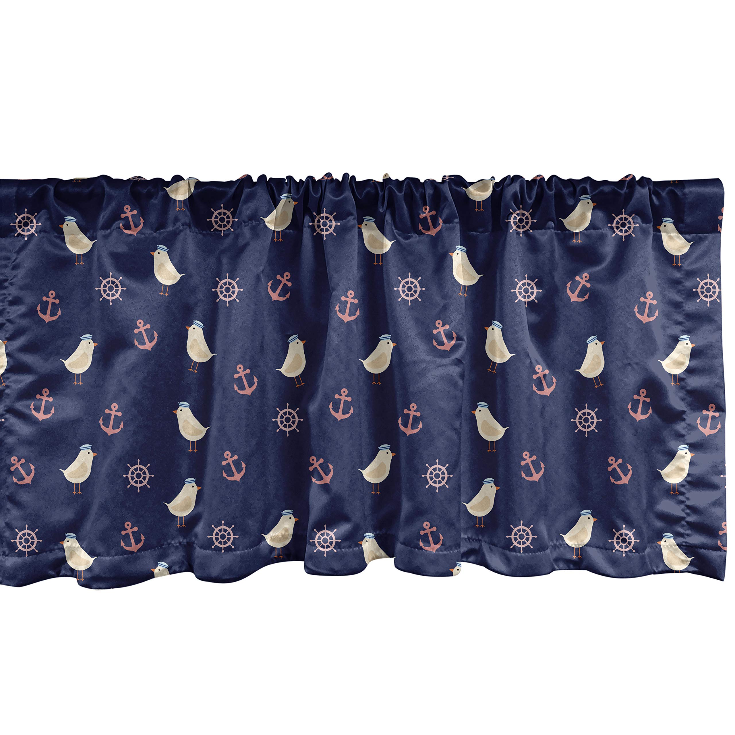 Ambesonne Blue Nautical Window Valance - Ocean Theme with Birds in Marine Hats, Steering Wheel & Anchor Design - 54