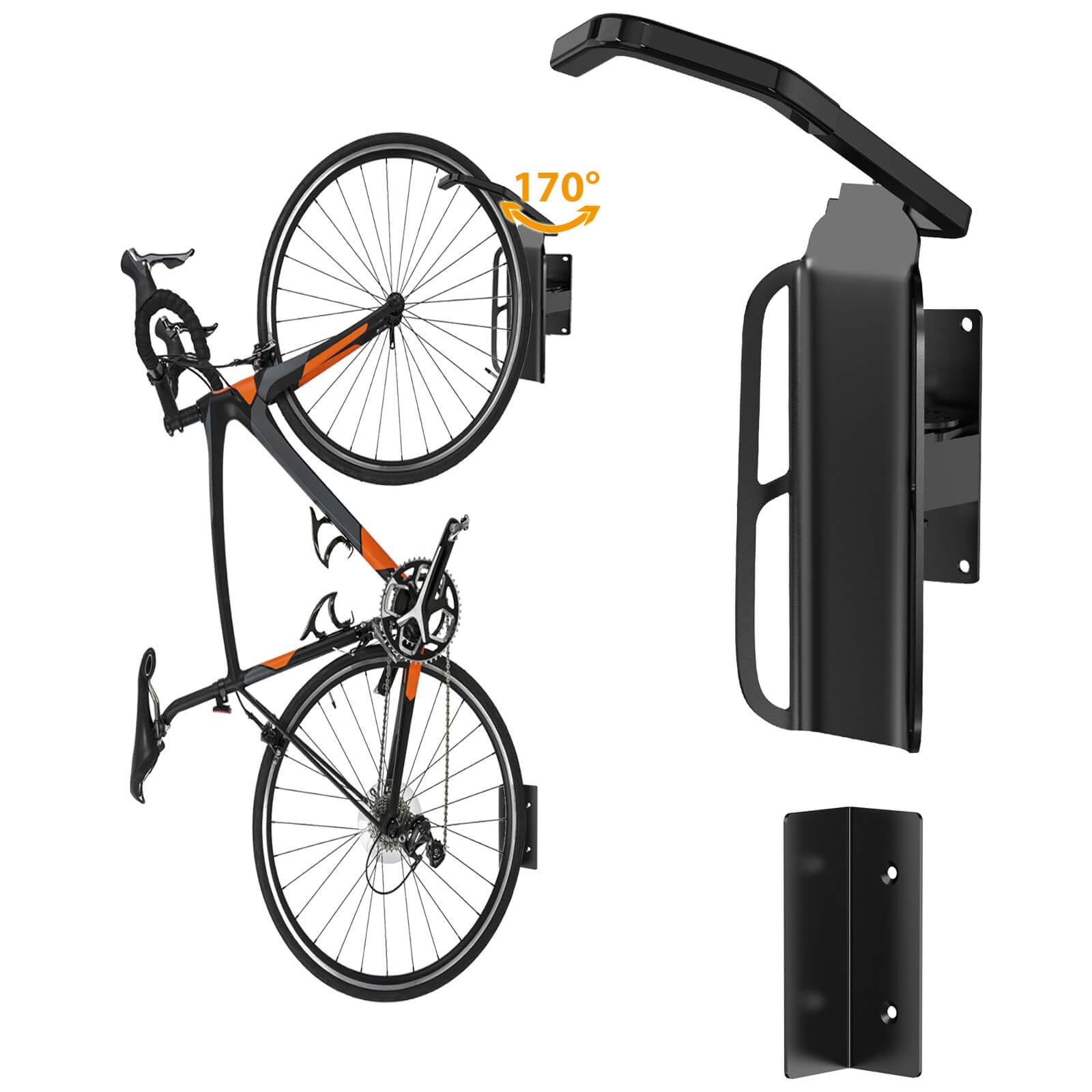 Luricaa Swivel Bike Wall Mount with Tire Tray - 5 Adjustable Angles, 170° Rotation Space Saving Bike Rack Hook for Garage, Apartment & Storage - Perfect for Small Spaces & Easy Bike Storage (Single)