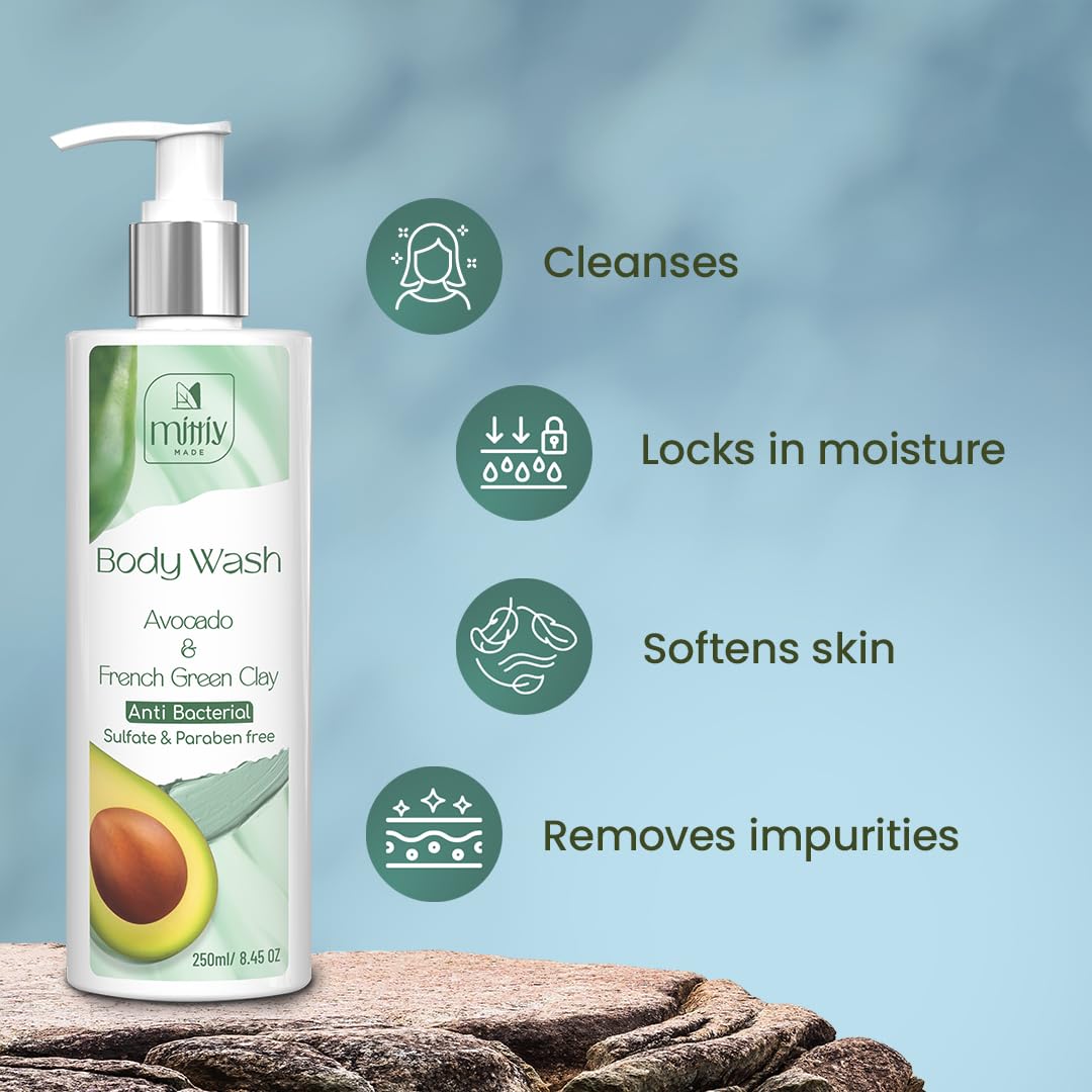 Mittiy Made 0.1% Salicylic Acid Body Wash with Avocado & French Green Clay - Skin Brightening & Gentle Exfoliating Shower Gel for Dry, Rough, Bumpy Skin - Niacinamide Enriched Formula (250ml) | Perfect for Daily Use & Keratosis Pilaris Care