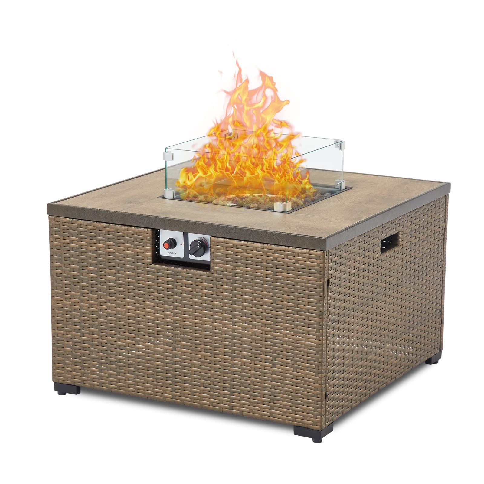 Kinbor 32 Inch Square 40,000 BTU Propane Gas Fire Pit Table - Outdoor Patio Heater with PE Rattan Wicker, Ceramic Tile Tabletop & Glass Wind Guard for Backyard, Garden, Deck (Brown) - Perfect for Camping, Entertaining & Cozy Evenings