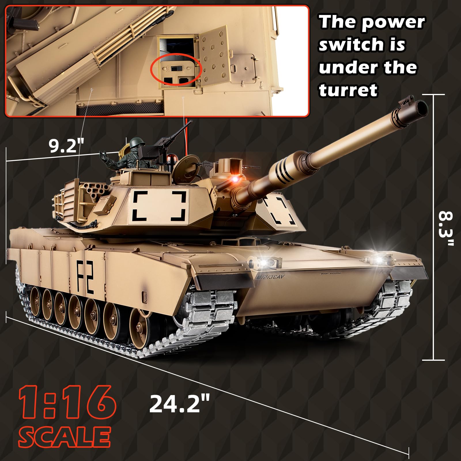 1/16 Scale RC Tank - US M1A2 Abrams Remote Control Military Toy with Smoke, Sound & LED Lights | Upgraded Metal Tracks, Steel Gearbox & Rechargeable Batteries | Realistic Battle Simulation for Adults & Kids | Outdoor Play & Collectible Display