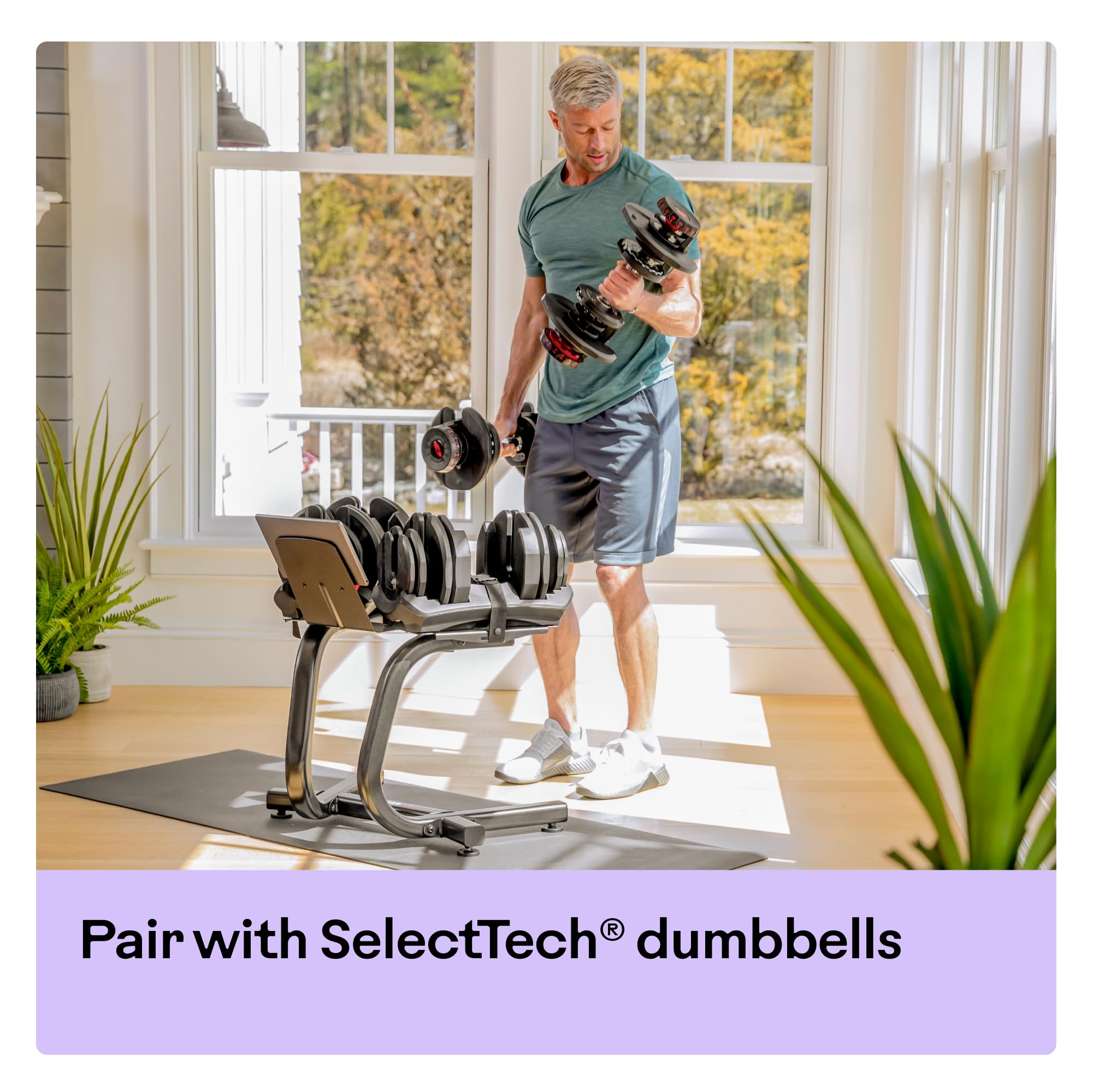 BowFlex SelectTech Adjustable Dumbbell Stand with Media Rack - Perfect for Home Gym Organization & Workout Space Saving
