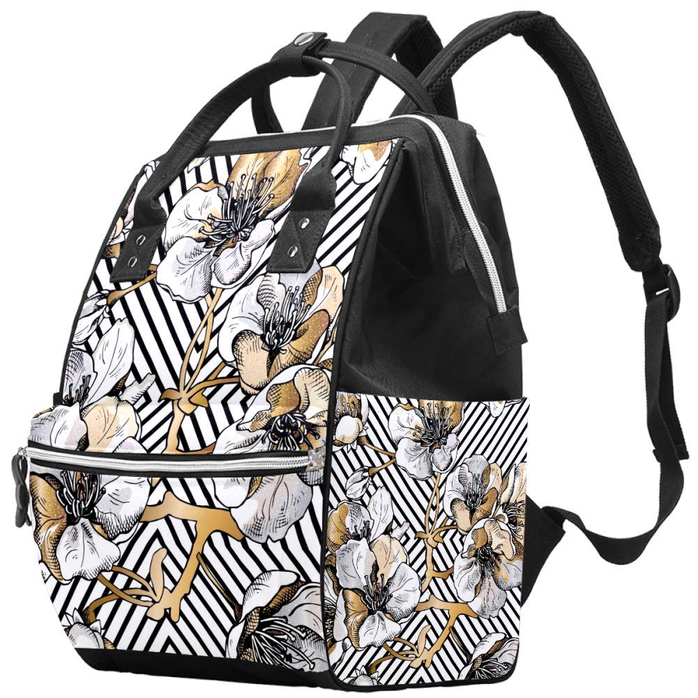 **Stylish Gold Floral Cherry Geometric Diaper Backpack - Waterproof Baby Changing Bag with Insulated Bottle Pocket - Perfect for Travel, Park Outings & Daily Use**
