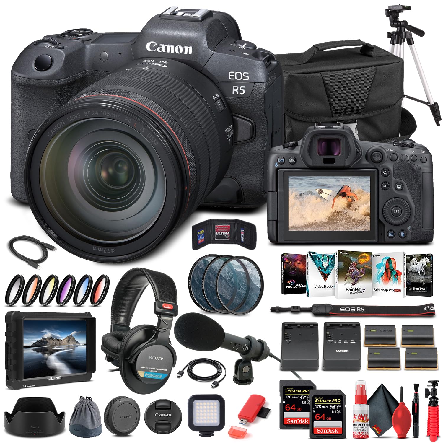 Canon EOS R5 Mirrorless Digital Camera with 24-105mm f/4L Lens Kit - 45MP Full Frame, 8K Video, 4K Monitor, Pro Audio Bundle, 128GB Memory, Tripod & Corel Software (Renewed) - Perfect for Professional Photography, Videography & Content Creation