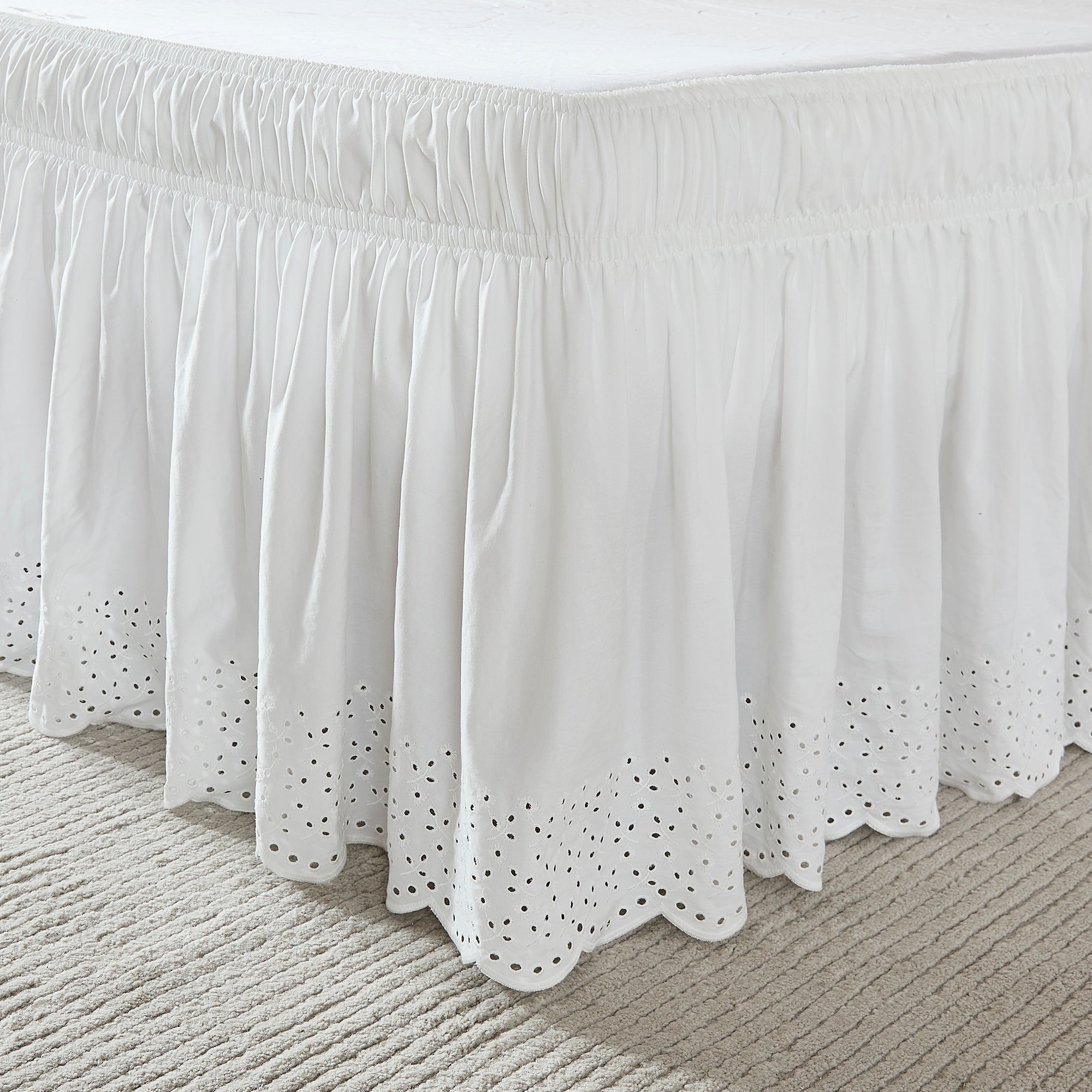 Vintage Eyelet Bed Skirt - Elegant Ruffled Dust Ruffle with Adjustable Drop Length for Box Spring, Perfect for Bedroom Decor & Guest Room Styling
