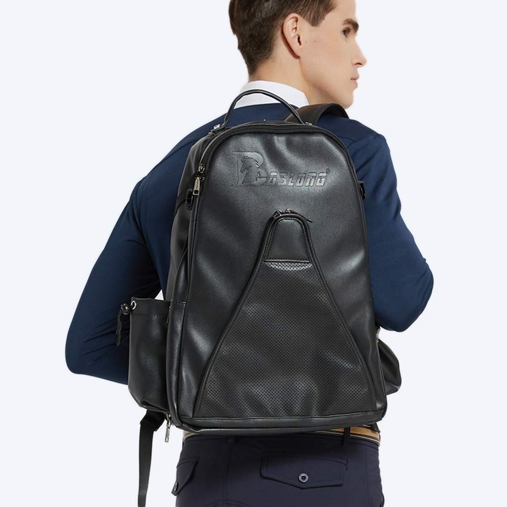 UNISTRENGH Professional Equestrian Backpack with Hidden Mesh Helmet Compartment - Waterproof Horse Riding Gear Storage Bag (Black PU Leather) - Perfect for Show Jumping, Dressage & Trail Riding