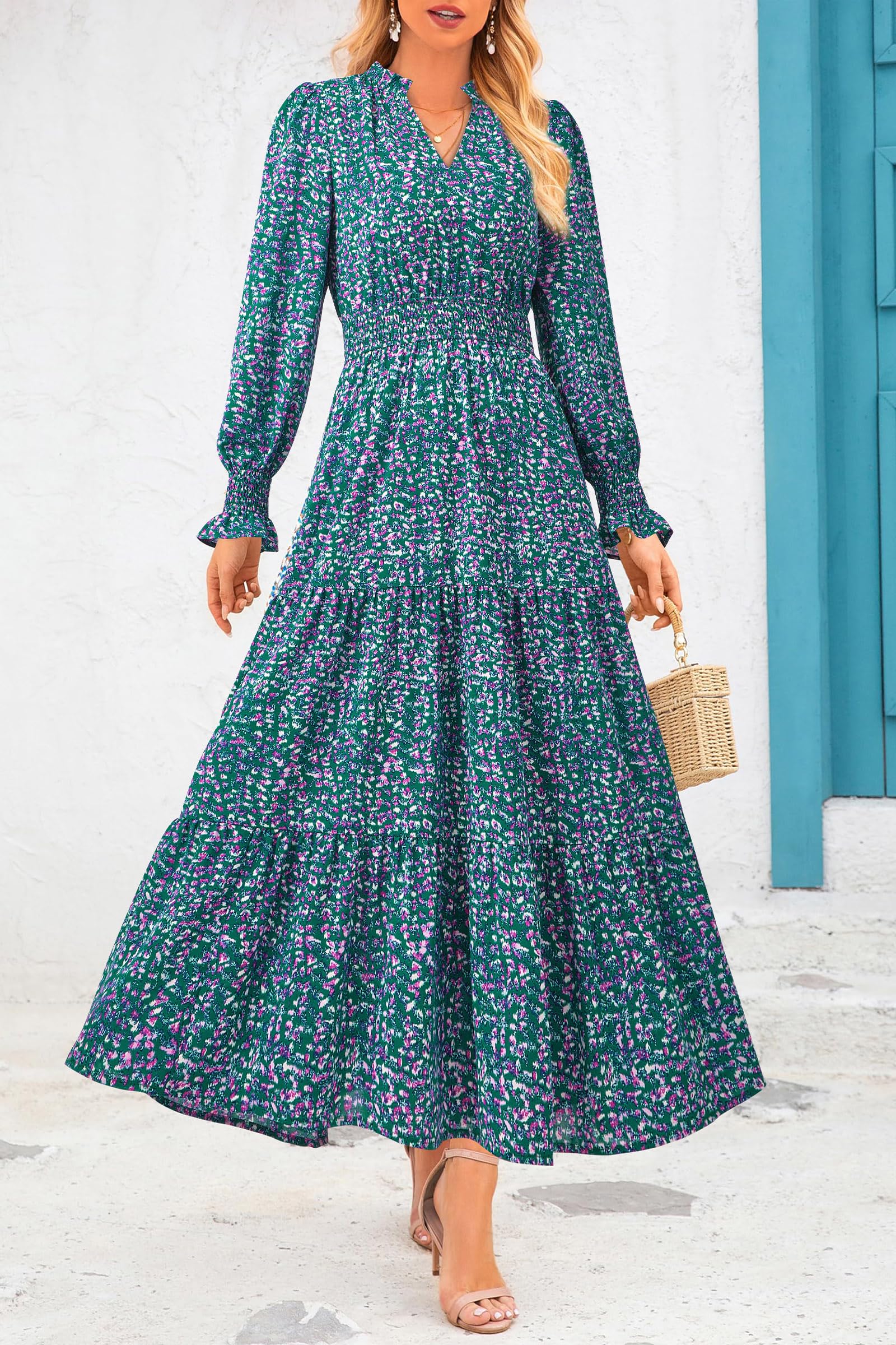 PRETTYGARDEN Women's Floral Maxi Dress 2025 - Spring Long Sleeve V-Neck Boho Dress for Casual Wear, Beach Vacation & Summer Parties | Flowy A-Line Party Dress for Women