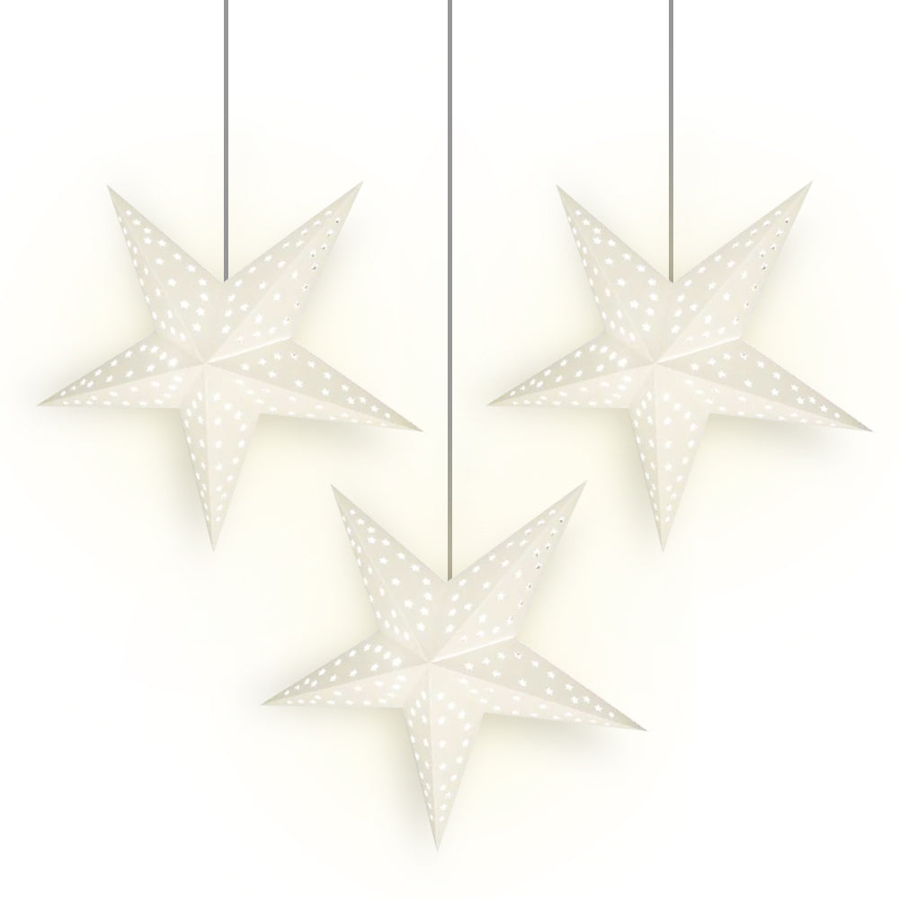 3 Pack White Starry Night 24 LED Paper Star Lanterns - Hanging Party Decorations for Bedroom, Wedding, Christmas & Outdoor Events