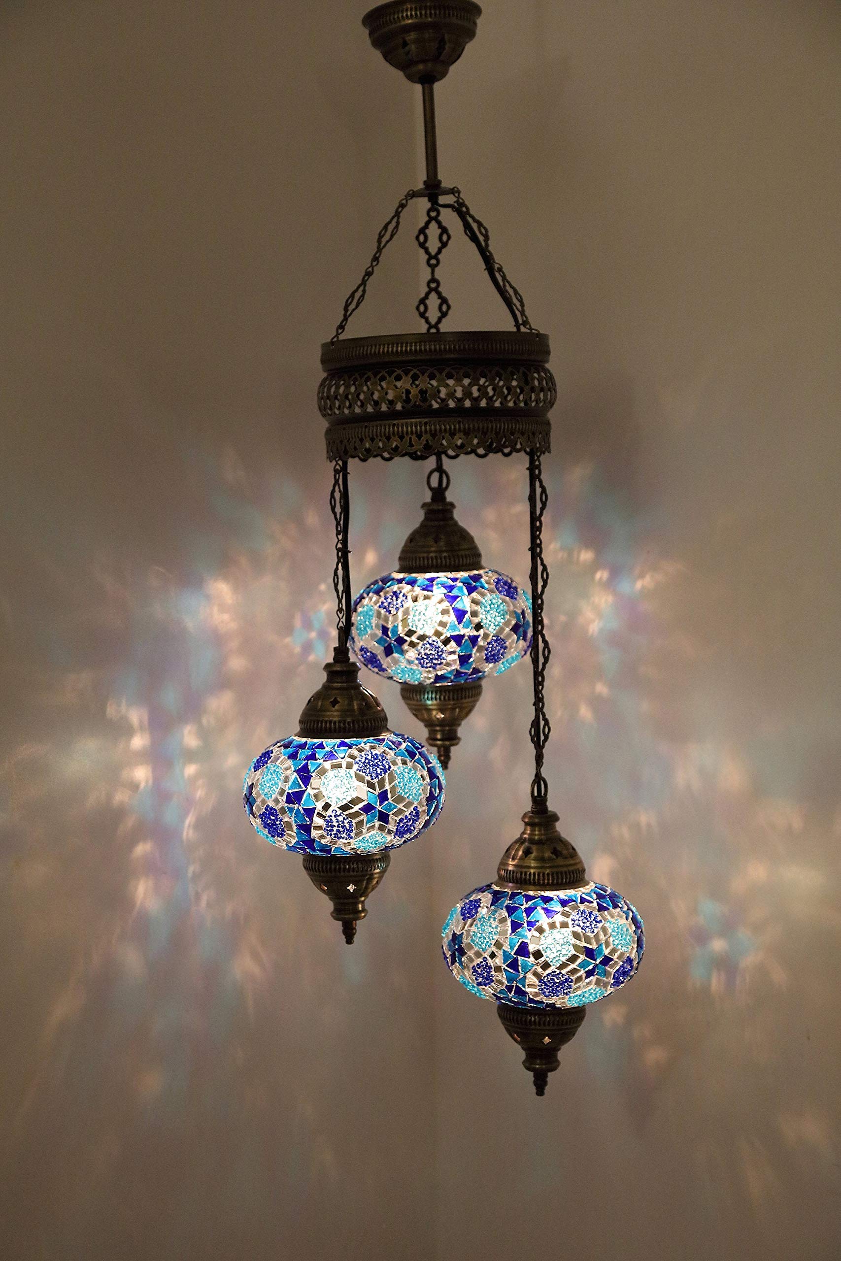 3 Large Turkish Mosaic Tiffany Chandelier - Handmade Moroccan Boho Ceiling Lamp, Colorful Glass Globe Lighting Fixture for Living Room, Bedroom & Dining Room Decor
