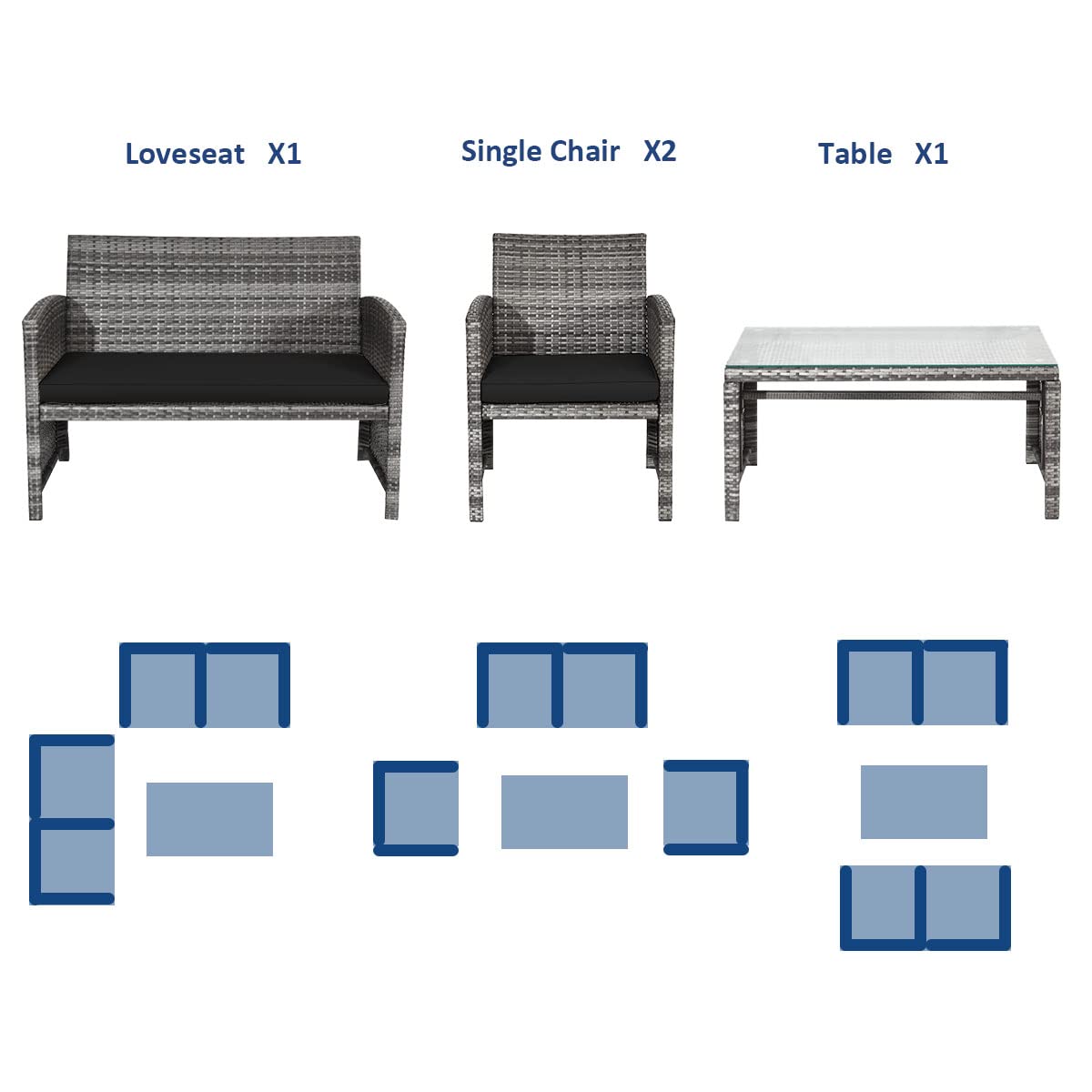 Tangkula 4-Piece Wicker Patio Conversation Set - Outdoor Rattan Sofa Set with Coffee Table, Cushioned Seating & Tempered Glass Top - Perfect for Poolside, Balcony, Garden or Backyard Relaxation