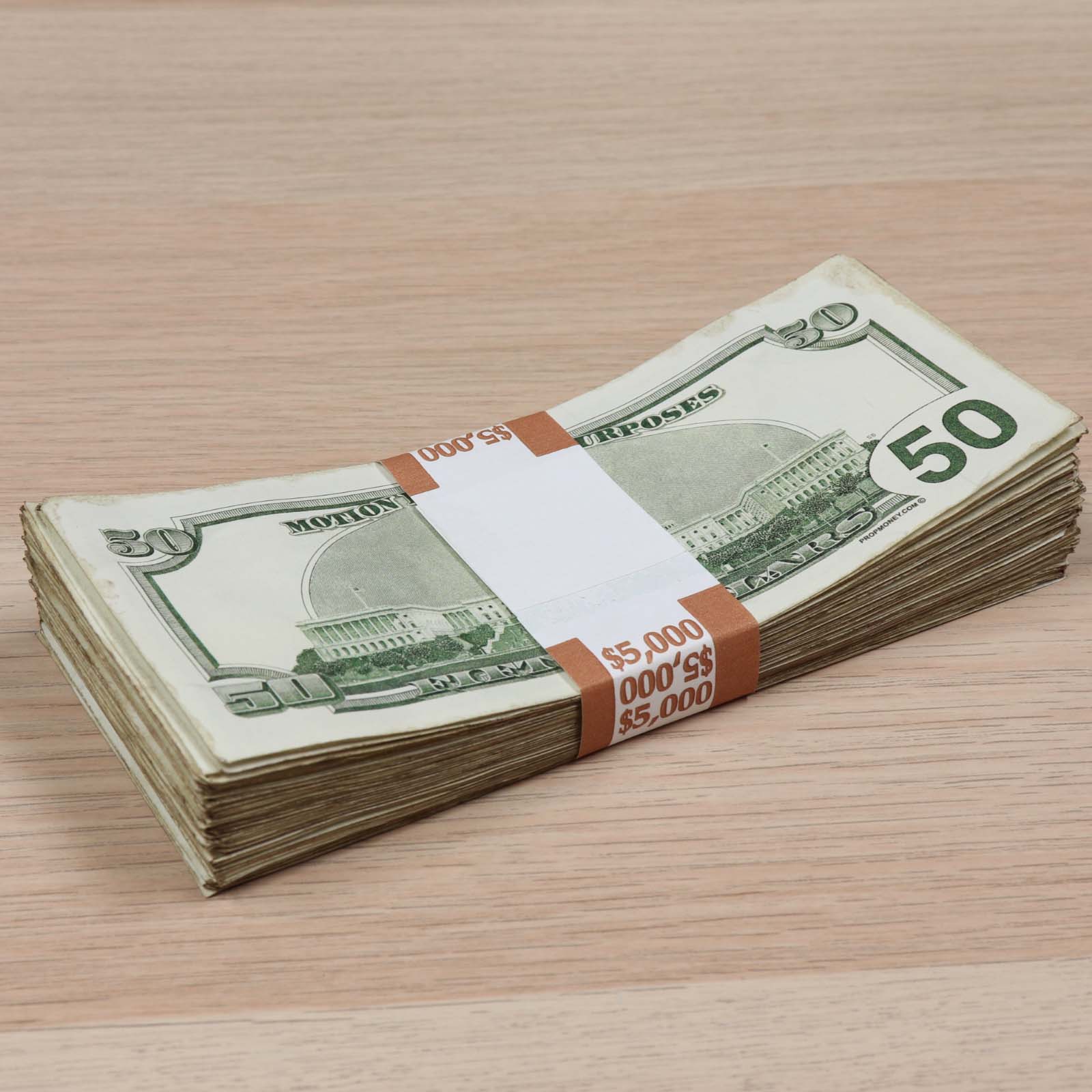 $5,000 RealAged™ Full Print 2000 Series Stack - Authentic Prop Money for Movies, Photography & Educational Use