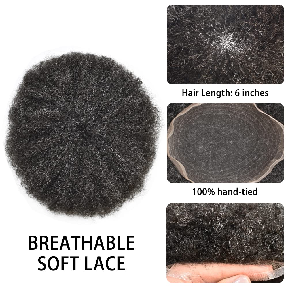Premium Human Hair Toupee for Black Men - Afro Kinky Curly Replacement System - Full French Lace Wig - Natural 1B/20 Off Black with 20% Grey (#1B20) | Perfect for Daily Wear, Special Occasions & Hair Loss Solutions