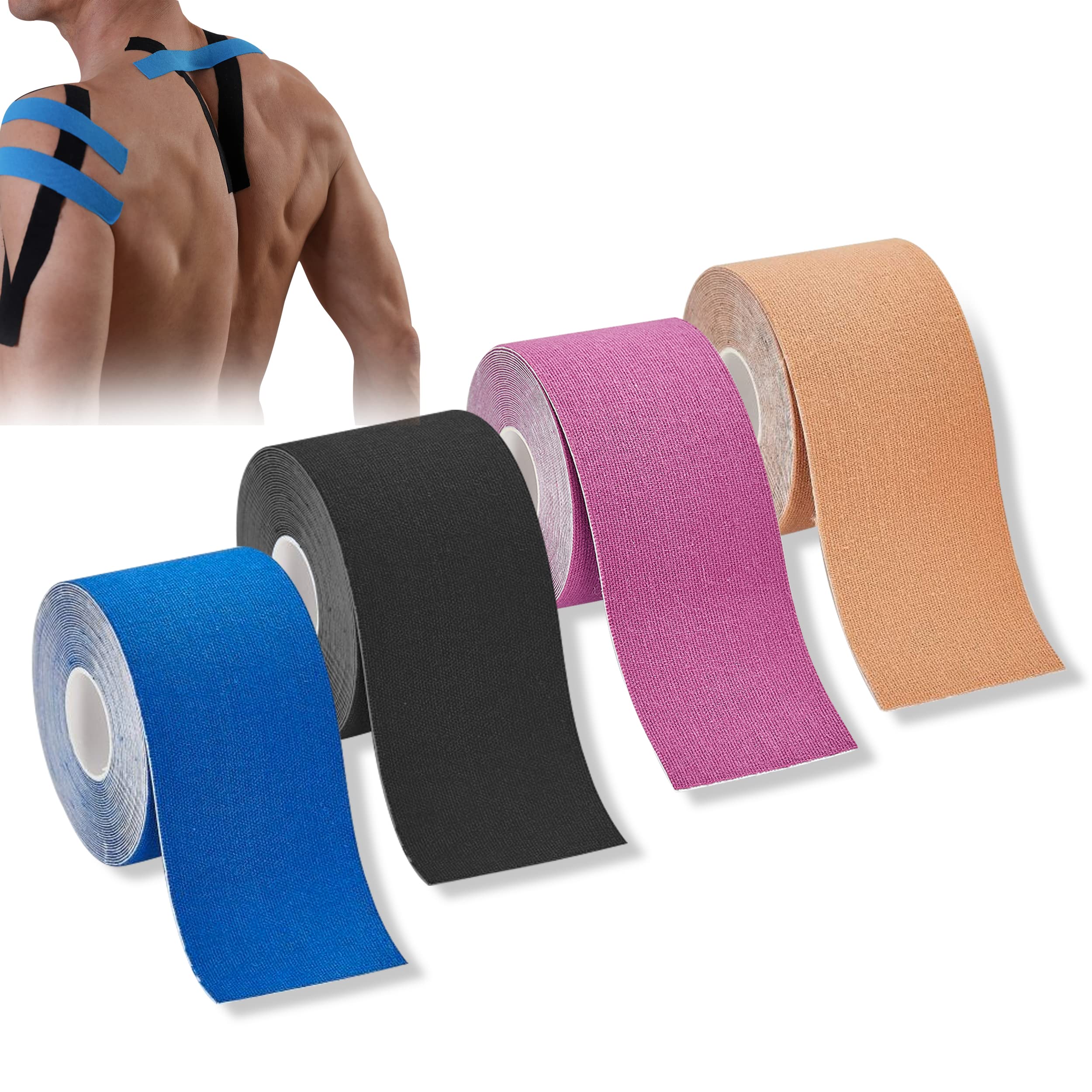 Premium Kinesiology Tape - 4 Rolls Elastic Sports Tape Set for Muscle Support & Pain Relief | Breathable, Waterproof Athletic Tape for Running, Yoga, Gym Workouts & Injury Recovery