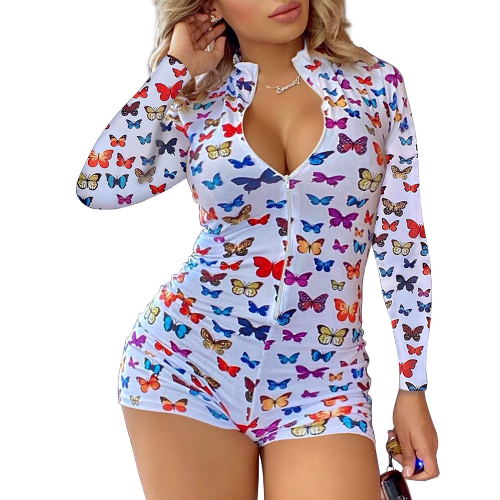 Women's V-Neck Bodysuit Jumpsuit - Floral Print Stretchy Long Sleeve Romper Pajama Onesie for Sleepwear & Lounge Wear