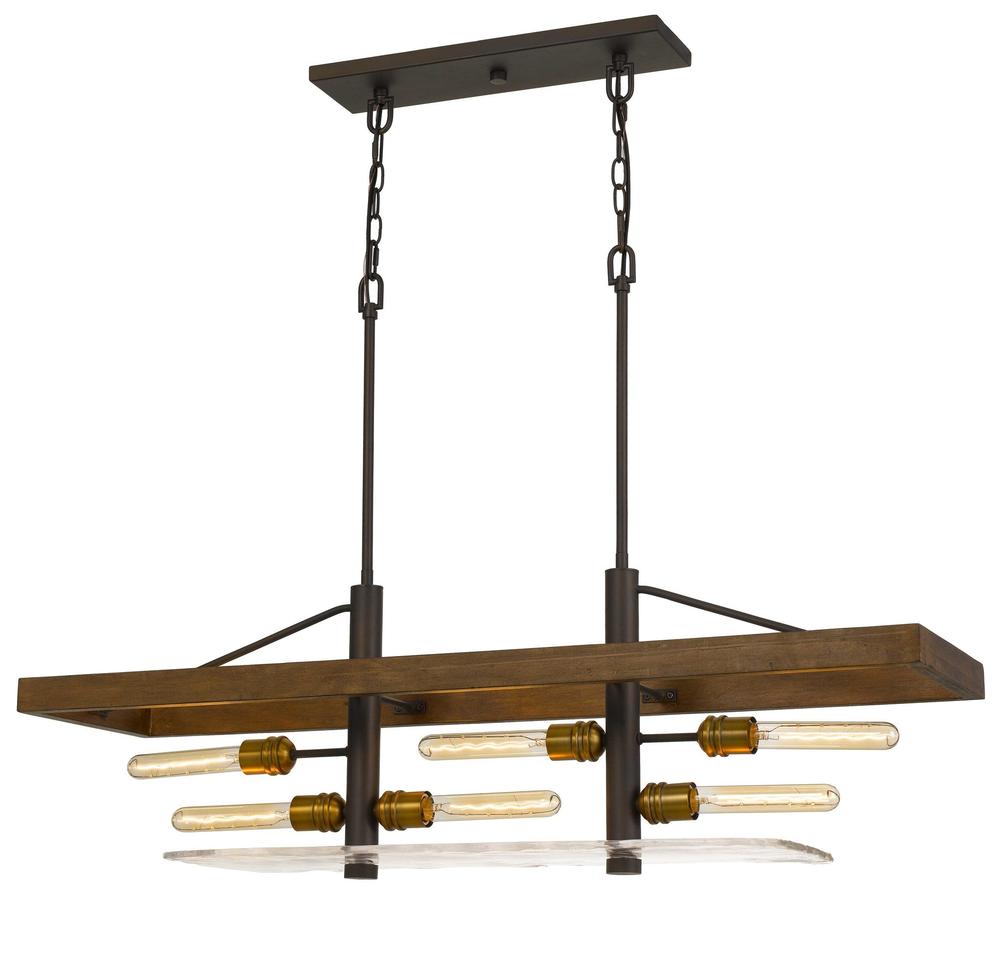 Handcrafted 60W x 6 Pine Wood Island Chandelier with Artisan Glass - Rustic Dining Room Lighting for Kitchen, Farmhouse & Restaurant Decor