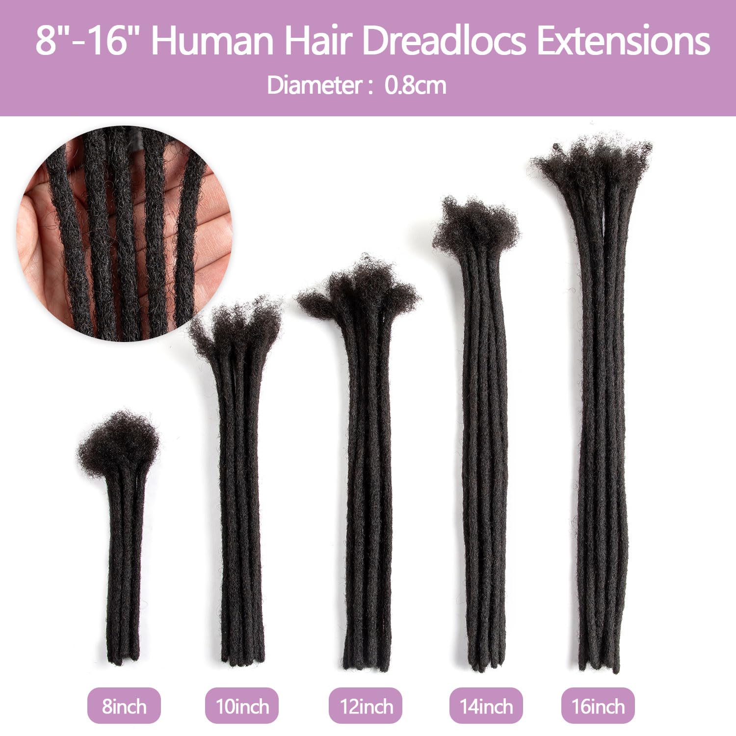 Originea 100% Human Hair Dreadlock Extensions for Men & Women - Handmade 0.8cm Thickness, Bleach & Dye Friendly Permanent Loc Extensions (14 Inch, 60 Strands, 1B Color) - Perfect for Protective Styles, Natural Hairstyles & Festival Looks