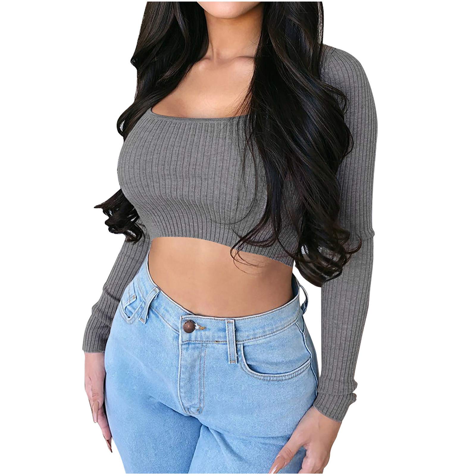 Women's Sexy Long Sleeve Crop Top - Solid U Neck Pullover Shirt, Low Cut Slim Blouse for Casual Wear, Date Night & Fall Layering