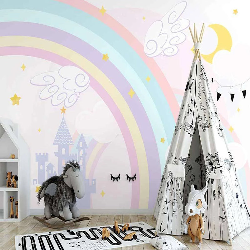 Pink Castle with Rainbow Nursery Wallpaper - Kids Room Decor, Fantasy Themed Wall Mural for Baby Girl Bedroom & Playroom - Perfect for Nursery, Toddler Room, and Children's Play Area