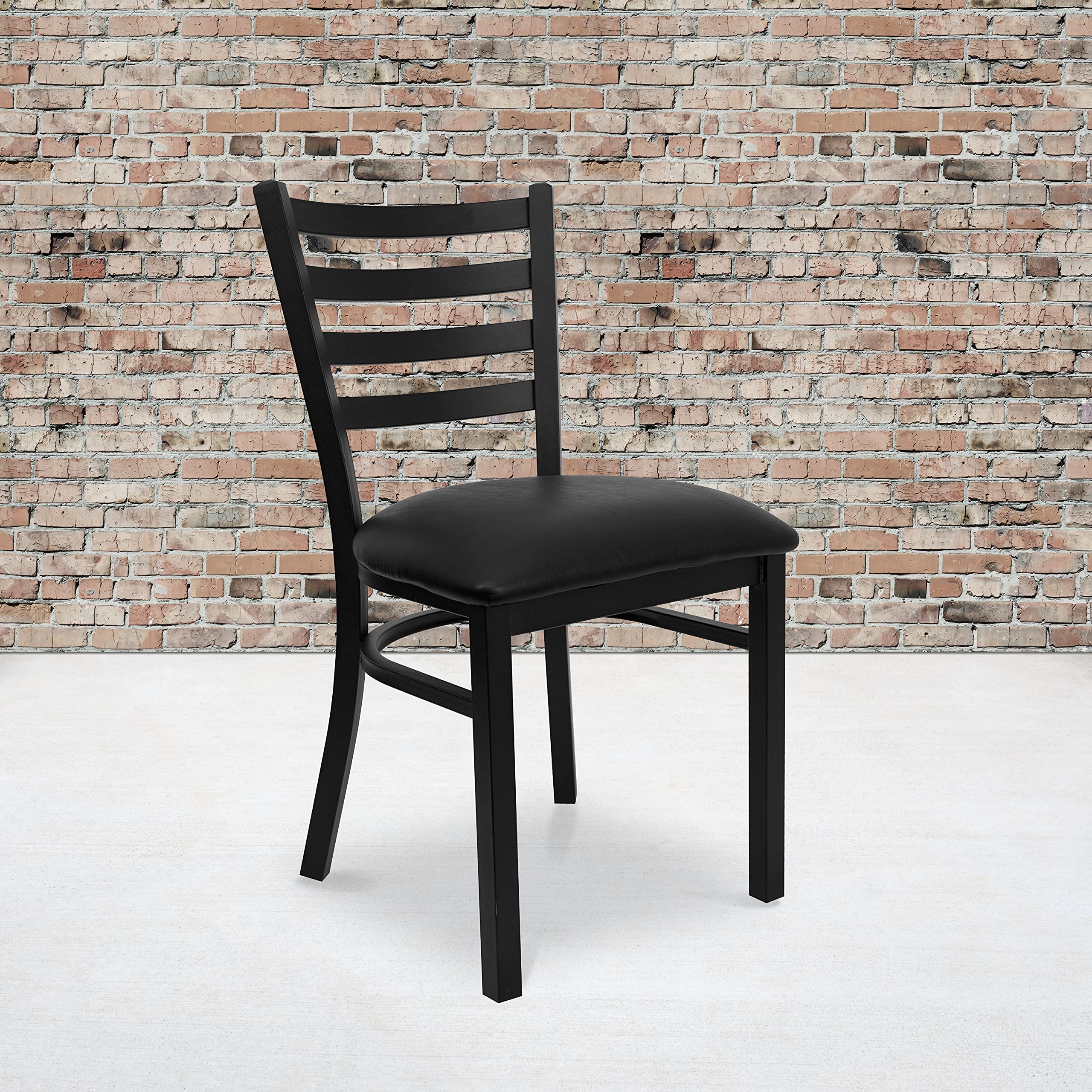 2 Pack Black Metal Ladder Back Restaurant Chairs with Vinyl Seat - Commercial Dining Furniture for Cafes, Diners & Home Kitchen Use