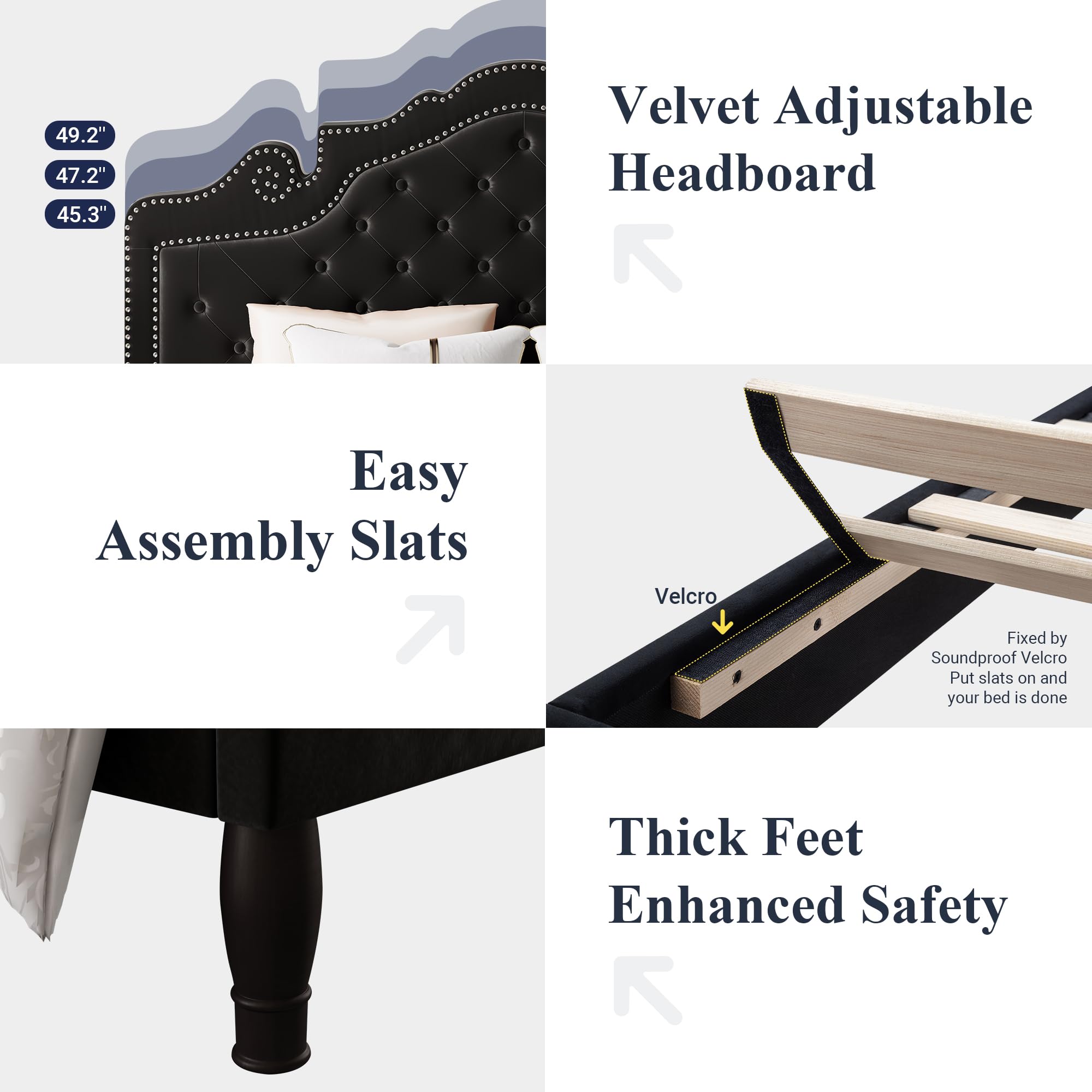 Allewie King Size Platform Bed Frame with Adjustable Velvet Tiara Headboard - Upholstered Diamond Button Tufted Design, Wood Slat Support, No Box Spring Needed - Easy Assembly Mattress Foundation in Black | Perfect for Master Bedrooms & Modern Home Decor