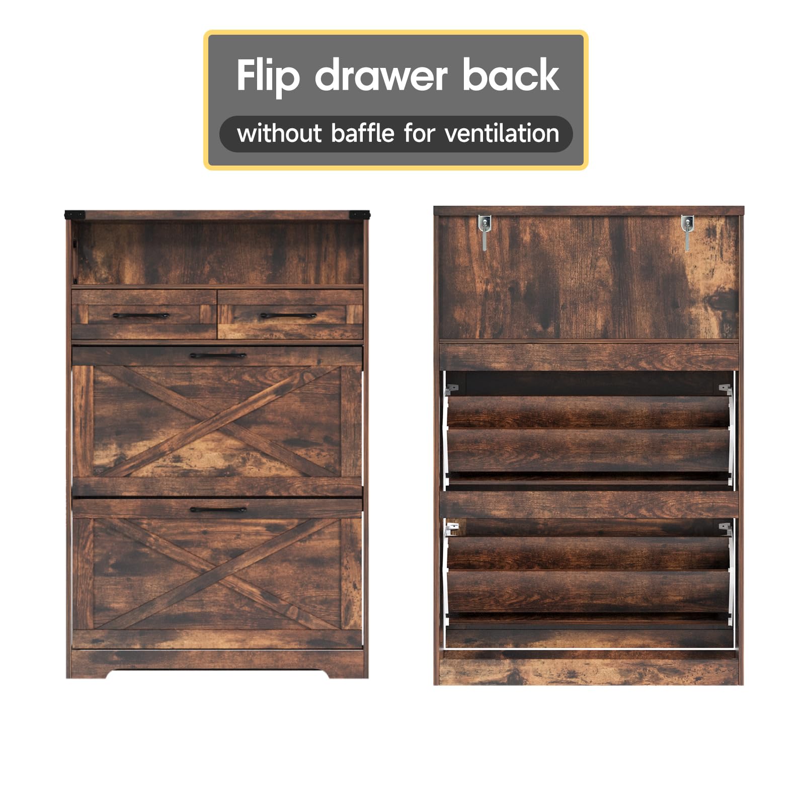 Farmhouse Shoe Storage Cabinet with 2 Flip Drawers & 2 Drawers - Rustic Brown Entryway Organizer for Shoes, Boots & Accessories | Perfect for Small Spaces, Hallway, Front Door & Apartment Entry Storage