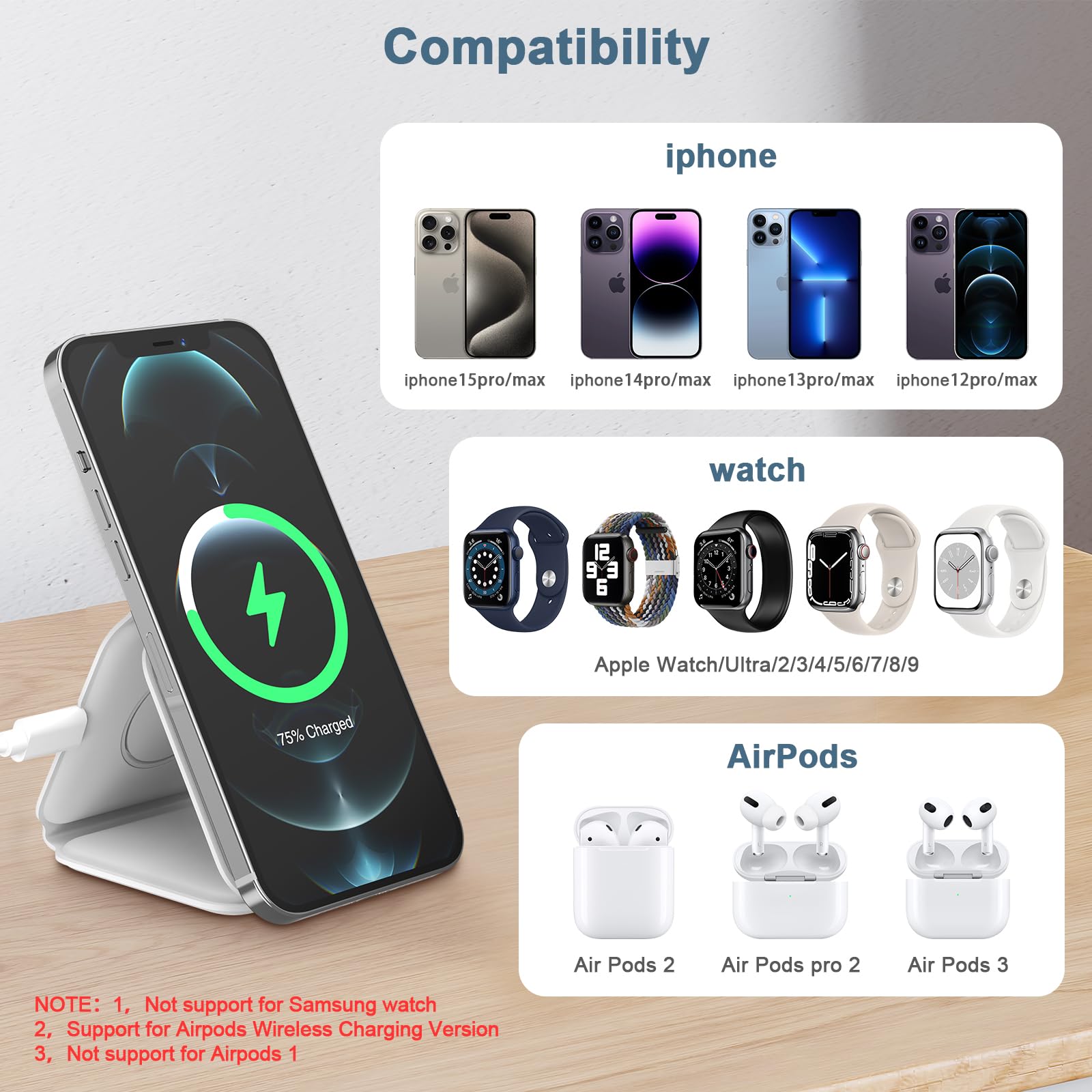 Ankilo 3-in-1 Foldable Magsafe Wireless Charging Station for iPhone 15/14/13/12 Series, Apple Watch & AirPods Pro | Portable Travel Charger for Multiple Devices | Perfect for Home, Office & Car Use (Adapter Not Included)