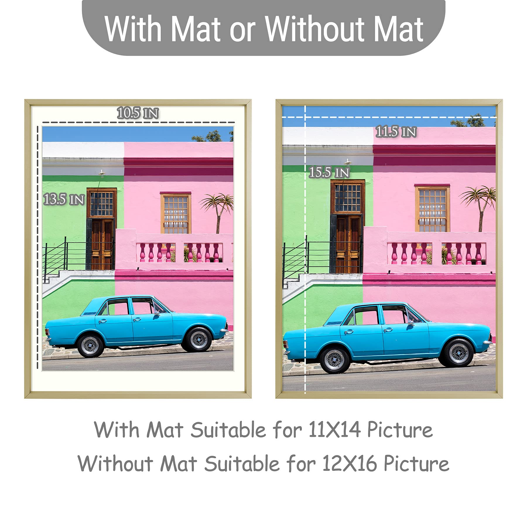 12x16 Picture Frames Set of 6 - Gold Aluminum Metal Photo Frames with Optional Ivory Mat for 11x14 Photos - Wall Mount or Tabletop Display - Perfect for Home Decor, Office, Gallery & Gift Giving