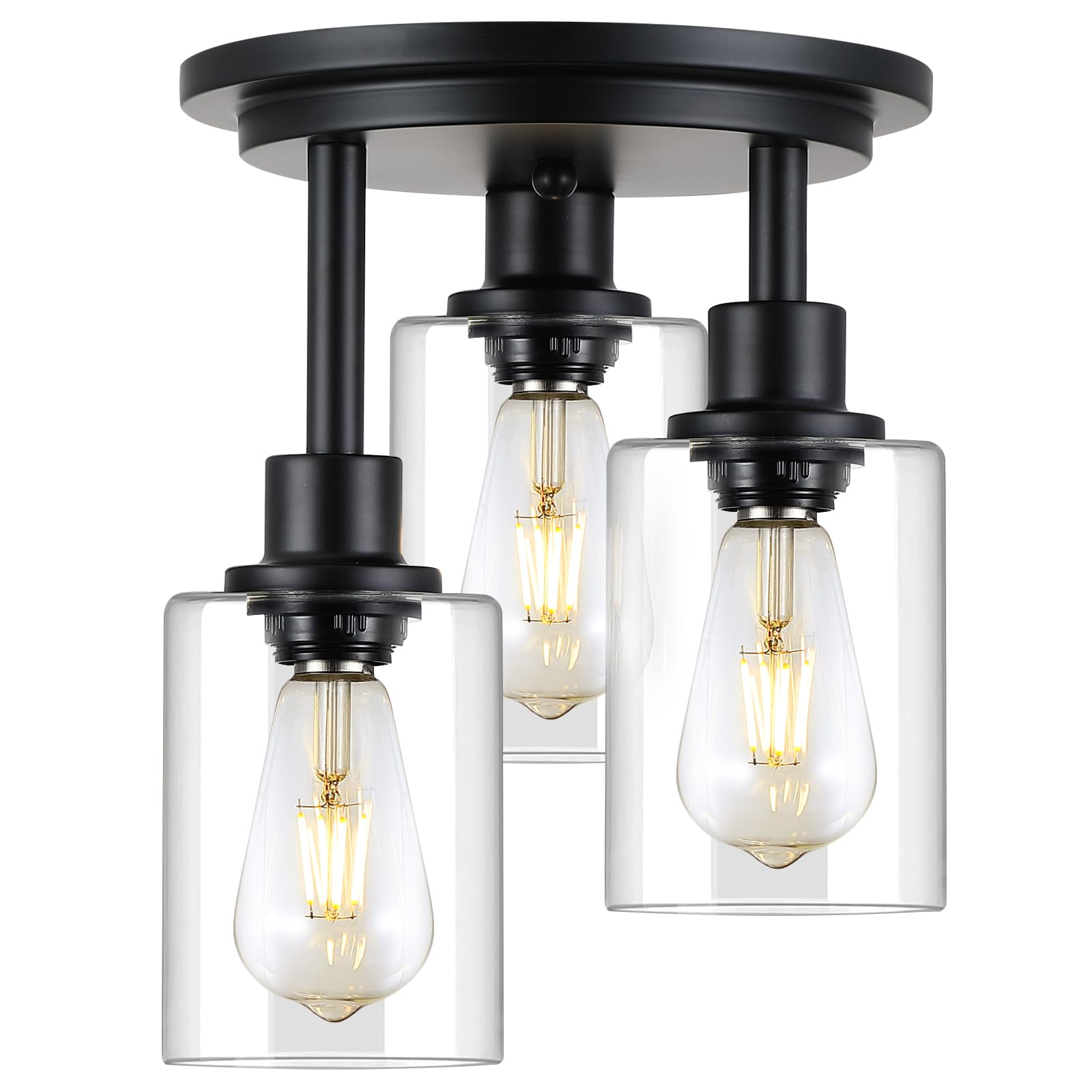 3WWWUEE 3-Light Semi Flush Mount Ceiling Fixture - Clear Glass Shade with Matte Black Finish - Farmhouse Industrial Rustic Lighting for Hallway, Kitchen Island, Entryway & Bedroom - E26 Socket - 11.2 Inch - Perfect for Dining Rooms, Living Rooms and Home Decor