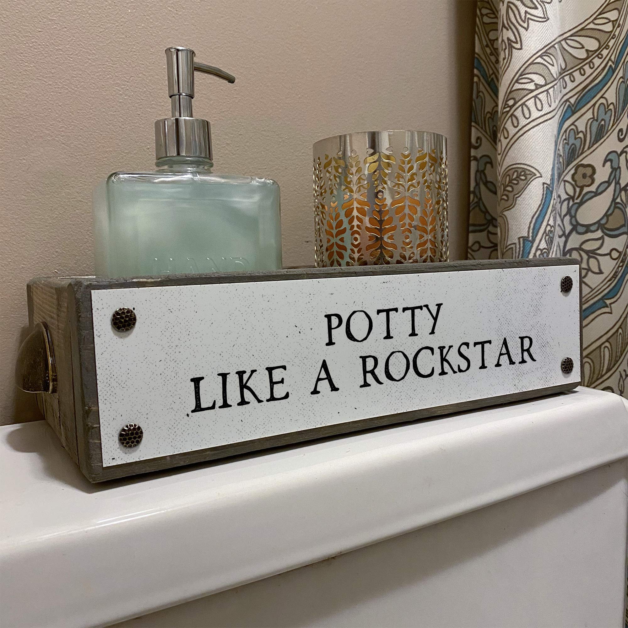 ANVEVO Potty Like A Rockstar - Rustic Farmhouse Wooden Toilet Paper Holder & Diaper Caddy - Funny Bathroom Decor Box with Sayings - Perfect for Nursery, Farmhouse Style Bathrooms & Gift Ideas