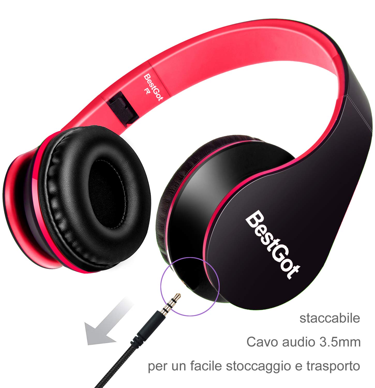 BestGot Kids Headphones with Built-in Mic - Volume Limited Safe for Children, Teens & Adults - 3.5mm Wired Earphones for School, Online Classes, Gaming (PS4/Xbox), Tablets & Smartphones - Detachable Cable (Black/Red) - Perfect for Remote Learning & Home Entertainment