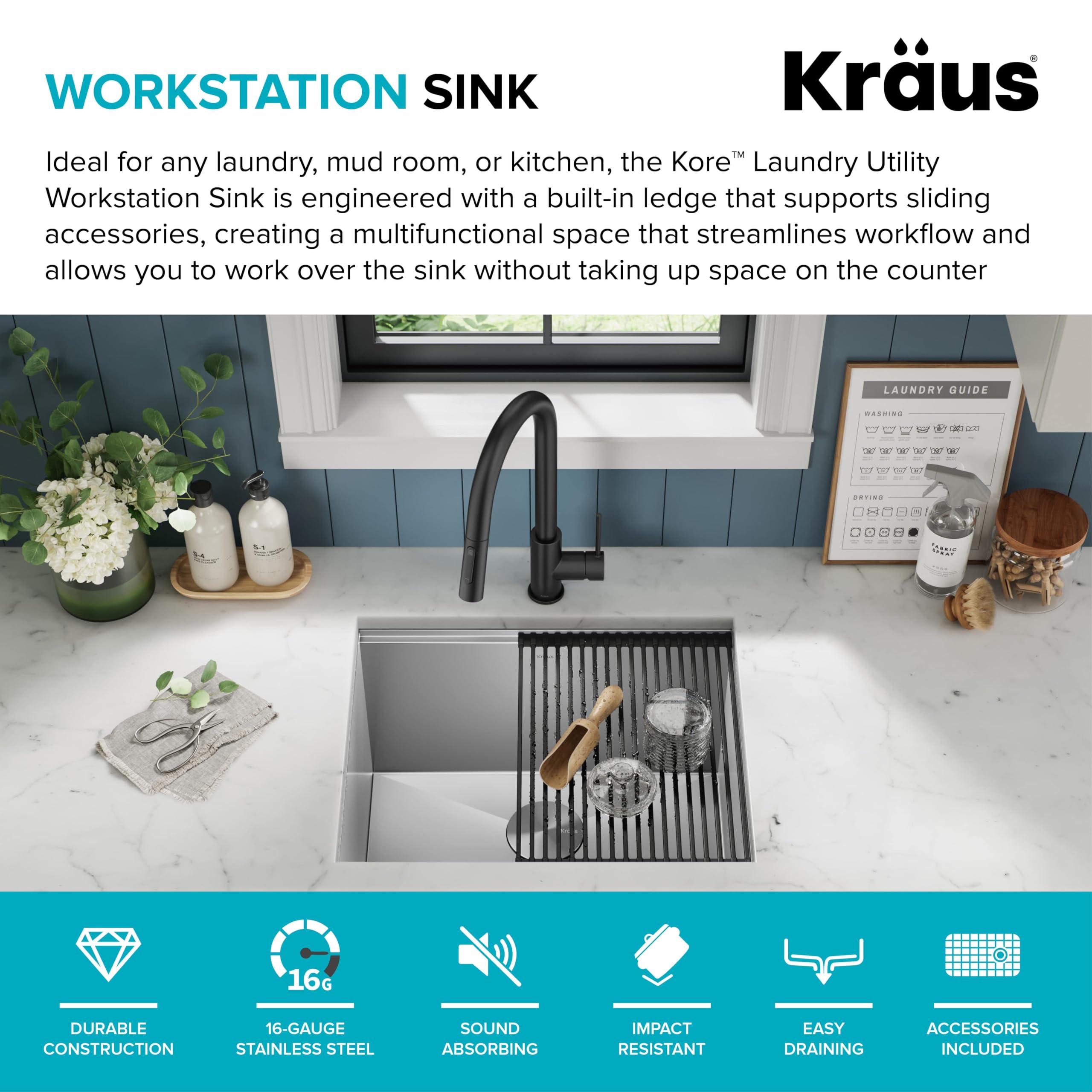 KRAUS Kore 23-Inch Undermount Workstation Single Bowl 16 Gauge Stainless Steel Kitchen Sink with Accessories - Deep Laundry Utility Sink for Heavy-Duty Cleaning, Dishwashing & Food Prep (Model KWU100-23L) | Perfect for Home Kitchens, Restaurants & Commercial Use