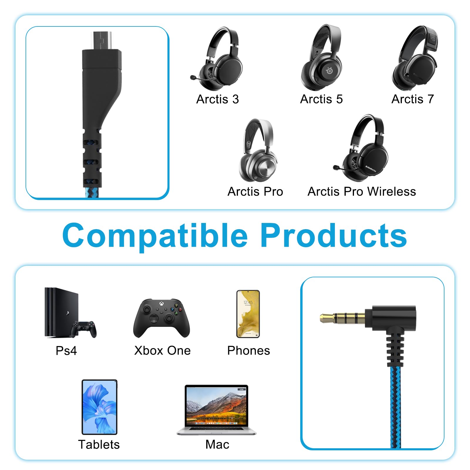 SteelSeries Arctis 5 Replacement Cable - Compatible with Arctis 3/5/7/Prime/Pro Wireless Gaming Headset - 3.5mm Audio Splitter Cord (6.6ft) for PC, PS4, PS5, Xbox - Perfect for Gaming, Streaming & Online Meetings