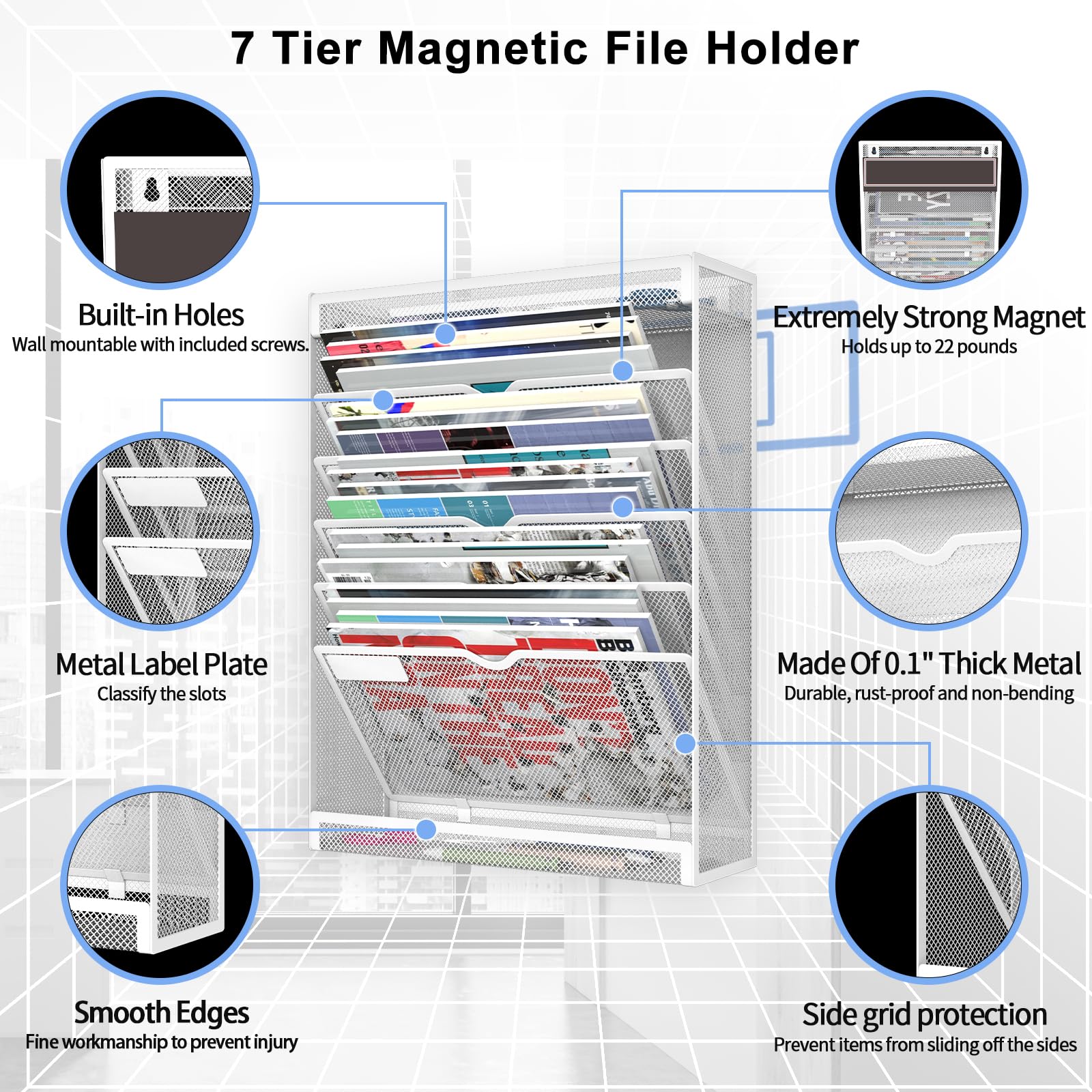 7-Tier Magnetic File Organizer - No Drilling Wall Mount for Office, Classroom & Home - Fits Whiteboards, Refrigerators & File Cabinets - Space-Saving Hanging Paper Folder Holder (White) - Perfect for Document Organization & Workspace Decluttering
