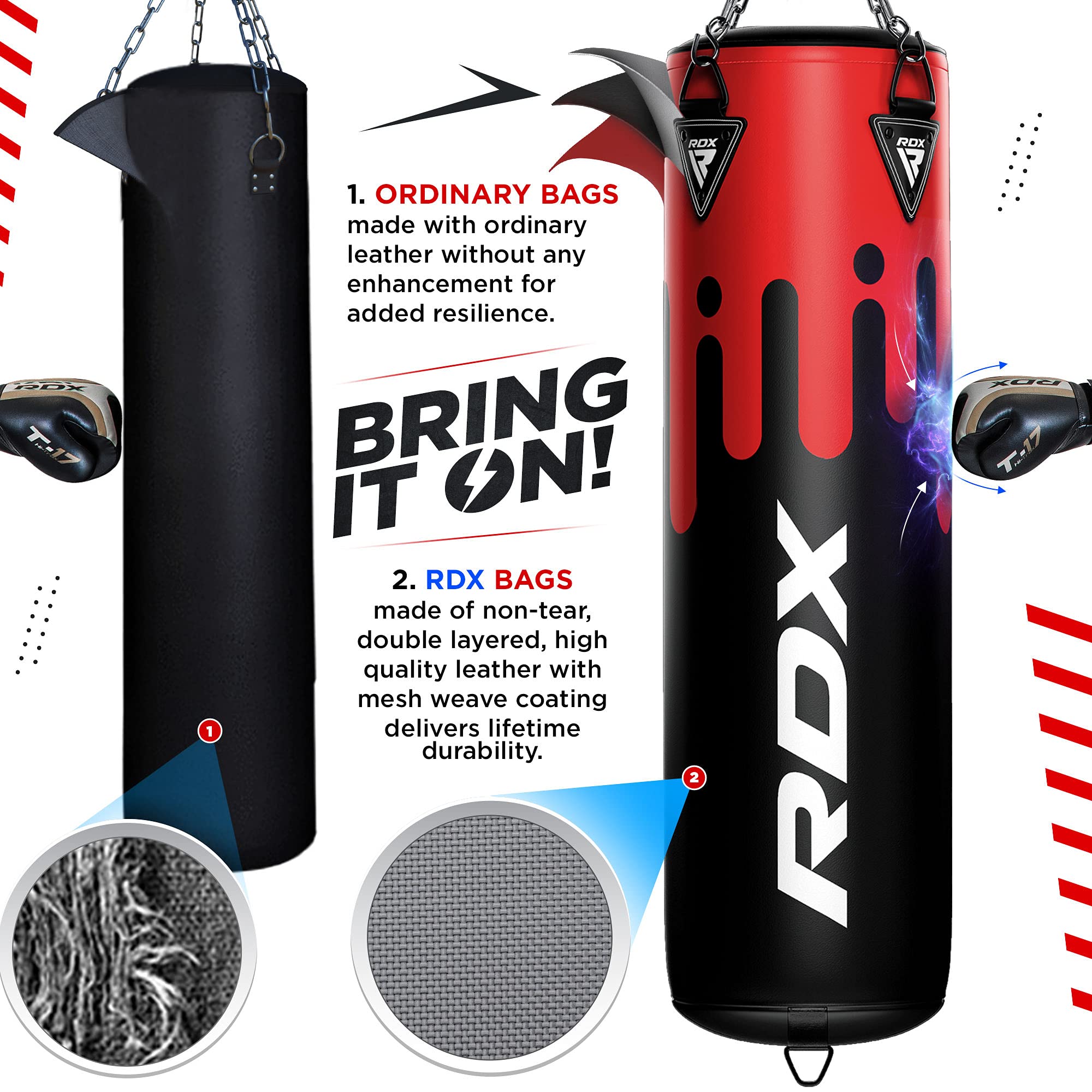 RDX 5FT Unfilled Punching Bag Set with Muay Thai Training Gloves & Punch Mitts - MMA, Kickboxing, Martial Arts Equipment - Includes Hanging Chain & Ceiling Hook - Perfect for Home Gym, Boxing Training, and Fitness Workouts