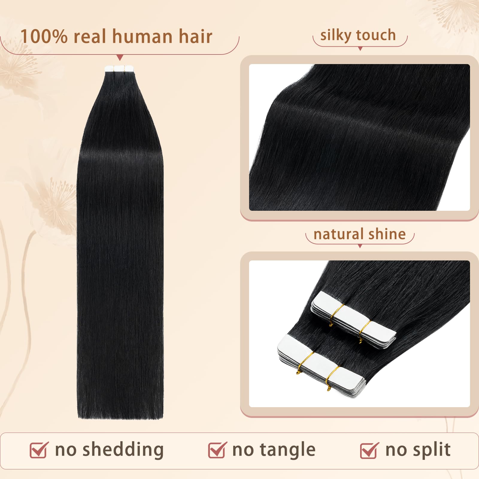 Premium 14 Inch Tape in Hair Extensions - 10Pcs Jet Black Remy Human Hair (15g) for Natural Volume & Length | Perfect for Weddings, Parties & Daily Styling
