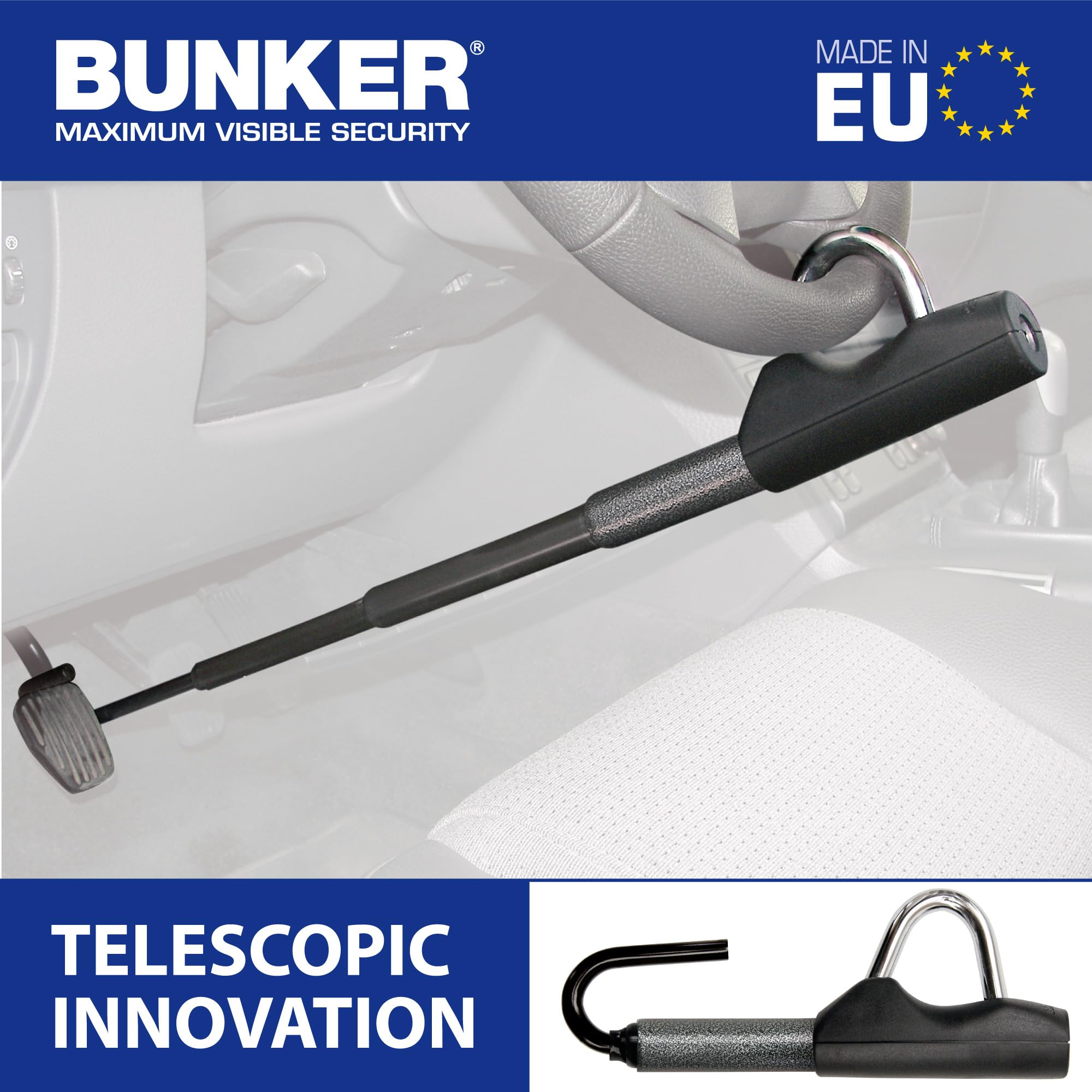 Bunker BT29 Heavy Duty Universal Anti-Theft Steering Wheel Brake Pedal Lock - Compact Telescopic Design for Cars, Trucks, Vans & RVs | Secure Parking, Travel Protection & Vehicle Security Solution