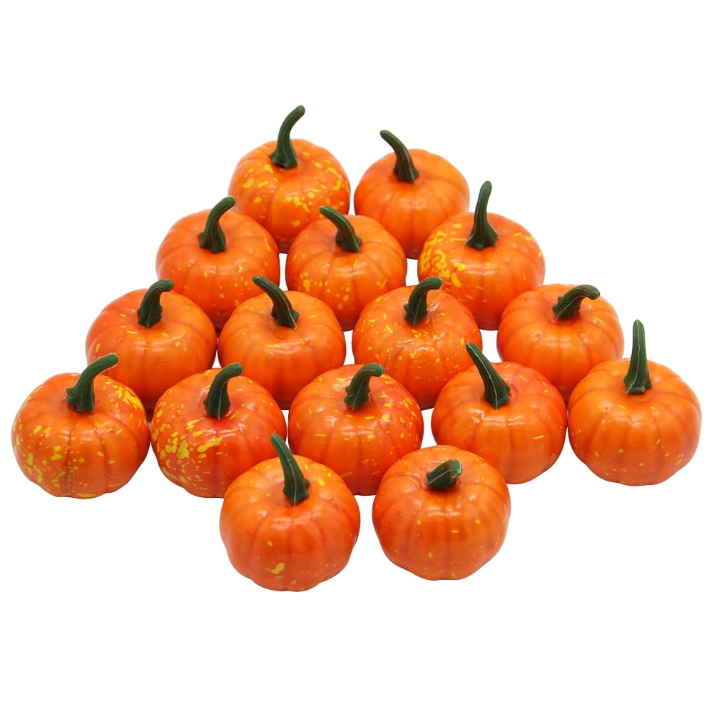 Yofit 16 Pcs Artificial Fake Mini Pumpkins - Realistic Halloween Decorations for Home, Party & Fall Table Centerpieces (Orange) - Perfect for Thanksgiving, Autumn Displays & Seasonal DIY Crafts
