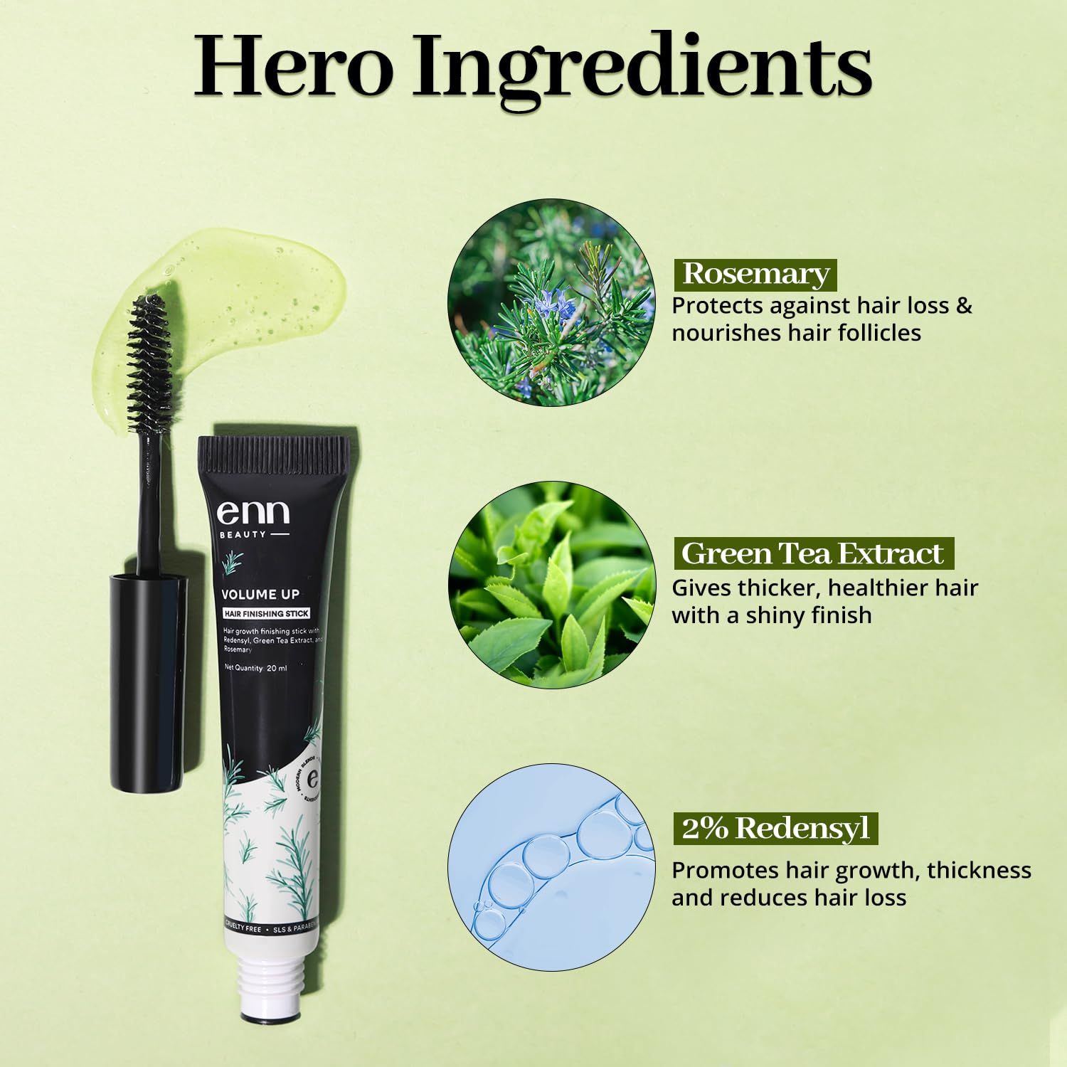 ENN Volume Up Hair Finishing Stick for Frizzy Hair - Anti Frizz Baby Hair Styler with Redensyl, Green Tea & Rosemary Extract for Hair Growth | Non-Sticky, Non-Greasy Formula | 20ml Travel Size | Perfect for Flyaways, Baby Hairs & Styling on the Go