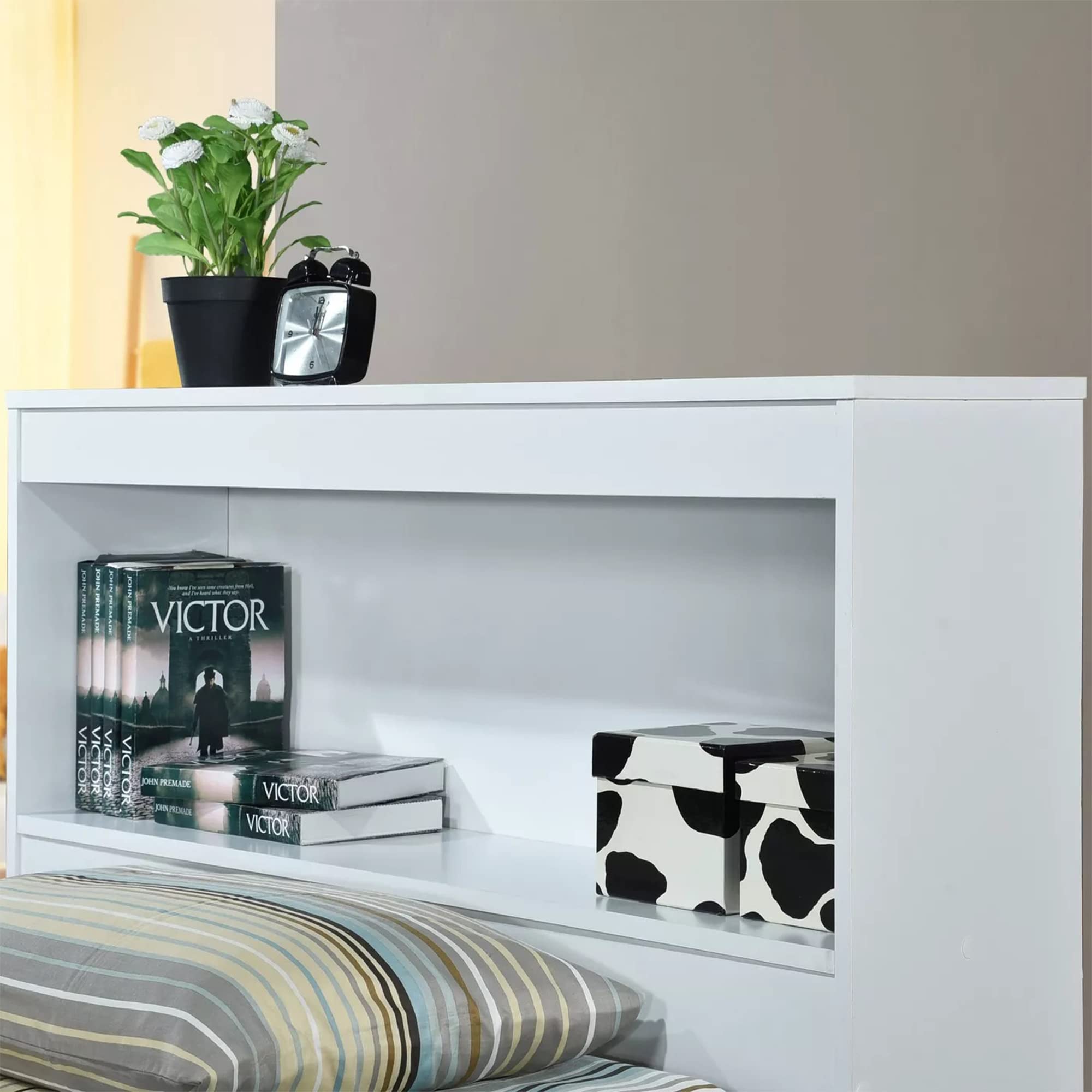 HODEDAH Twin Size Wood Platform Bed with Bookcase Headboard & 3 Drawers - White | Space-Saving Storage Solution for Small Bedrooms, Kids Rooms & Dorm Rooms | Sturdy Wooden Bed Frame with Built-in Organization