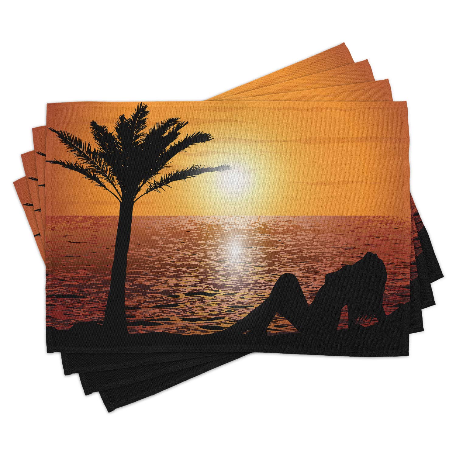 Ambesonne Retro Place Mats Set of 4 - Tropical Beach Sunset with Lady & Palm Tree Silhouette - Washable Fabric Dining Table Mats for Kitchen & Dining Room Decor in Orange & Black - Perfect for Dinner Parties, Family Gatherings & Tropical Themed Events