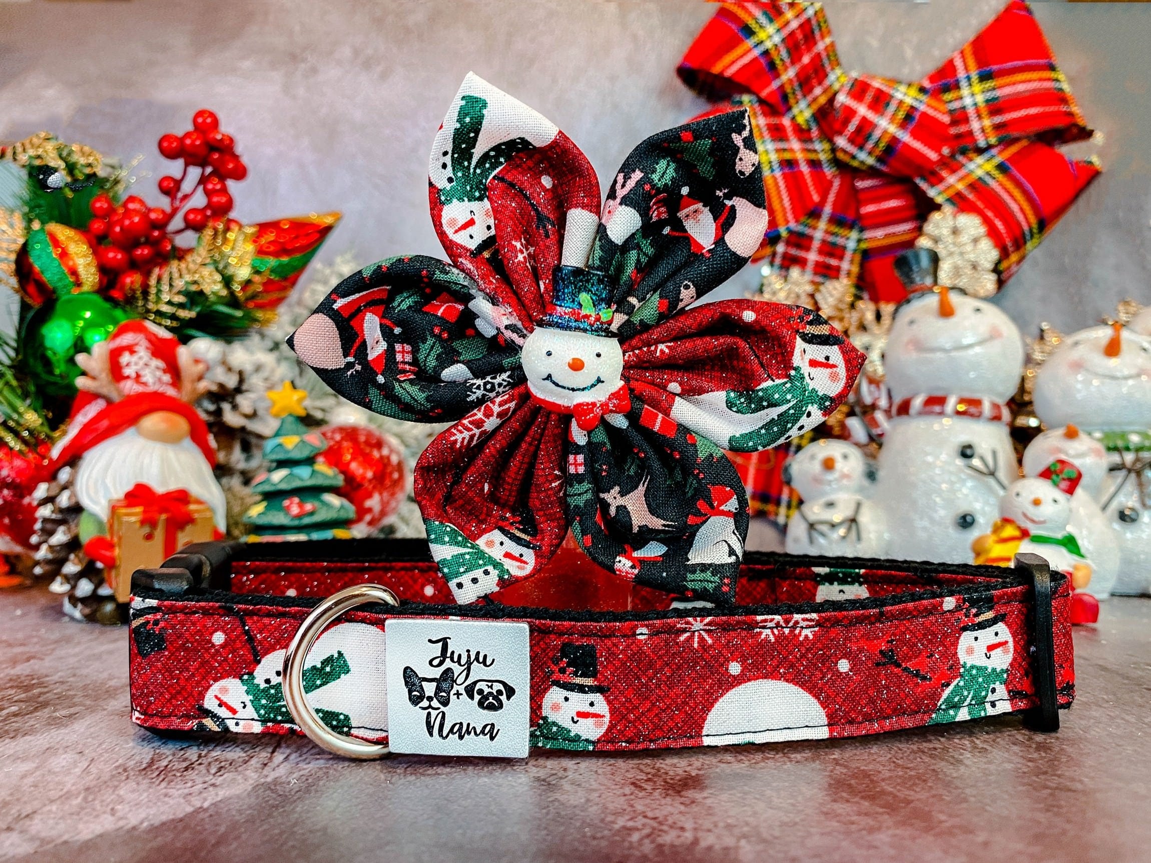 Christmas Dog Collar with Flower & Snowman Design - Festive Holiday Pet Accessory for Small & Medium Dogs - Perfect for Christmas Photos & Parties