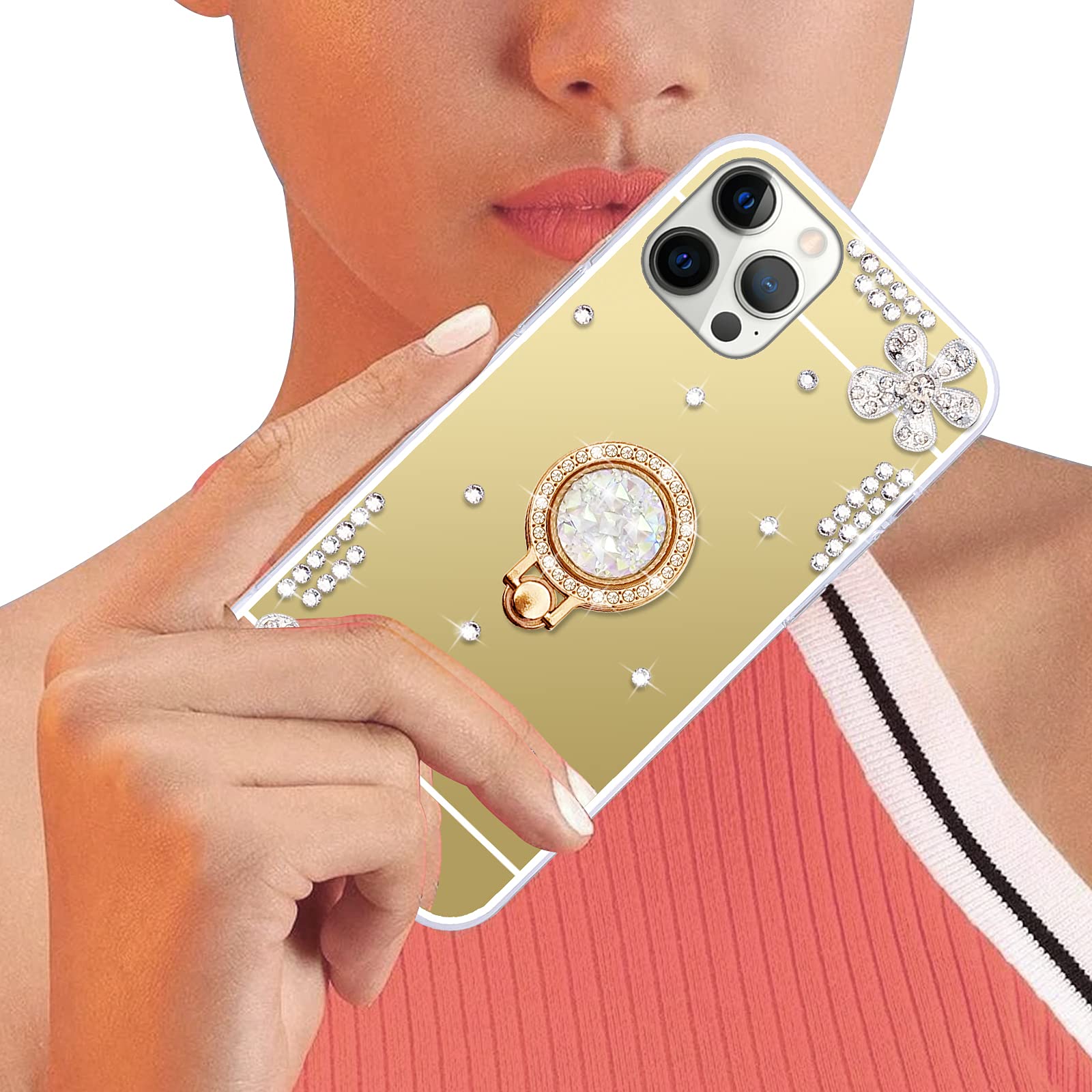 Omorro iPhone 13 Case with Makeup Mirror - Luxury Bling Glitter Rhinestone Cover with Shiny Crystal Diamond Ring Stand & Finger Grip - Cute Girly Phone Case for Women & Girls (Gold) - Perfect for Selfies, Makeup Touch-ups & Daily Use