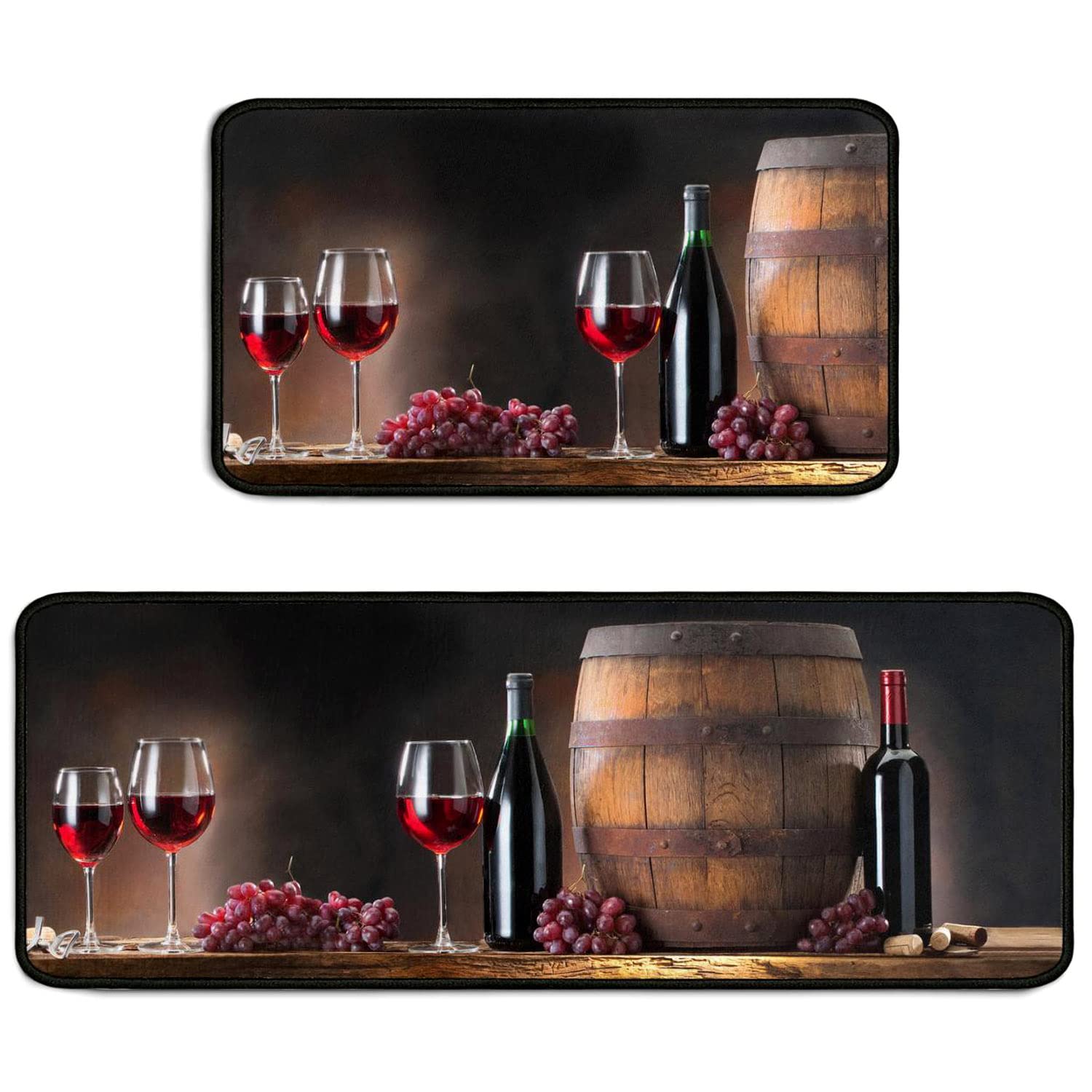 2-Piece Non-Slip Wine Kitchen Rug Set - Absorbent Microfiber 3D Wine Glass Design Washable Floor Mats (17