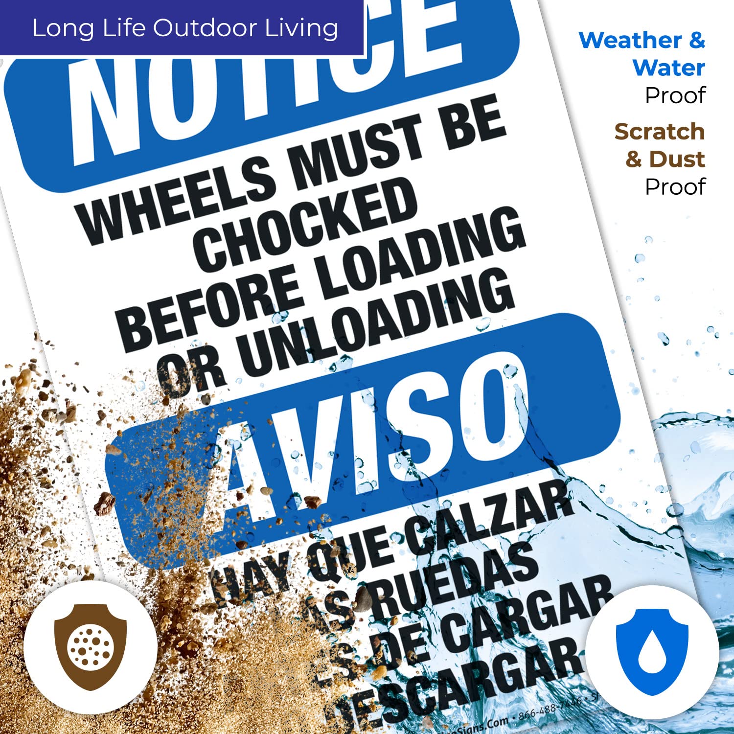 OSHA Compliant Bilingual 'Wheels Must Be Chocked' Safety Sign - 10x7 Inch Rust-Free Aluminum Loading Dock Sign for Trucks & Trailers - Durable Indoor/Outdoor Warning Sign Made in USA (English/Spanish)