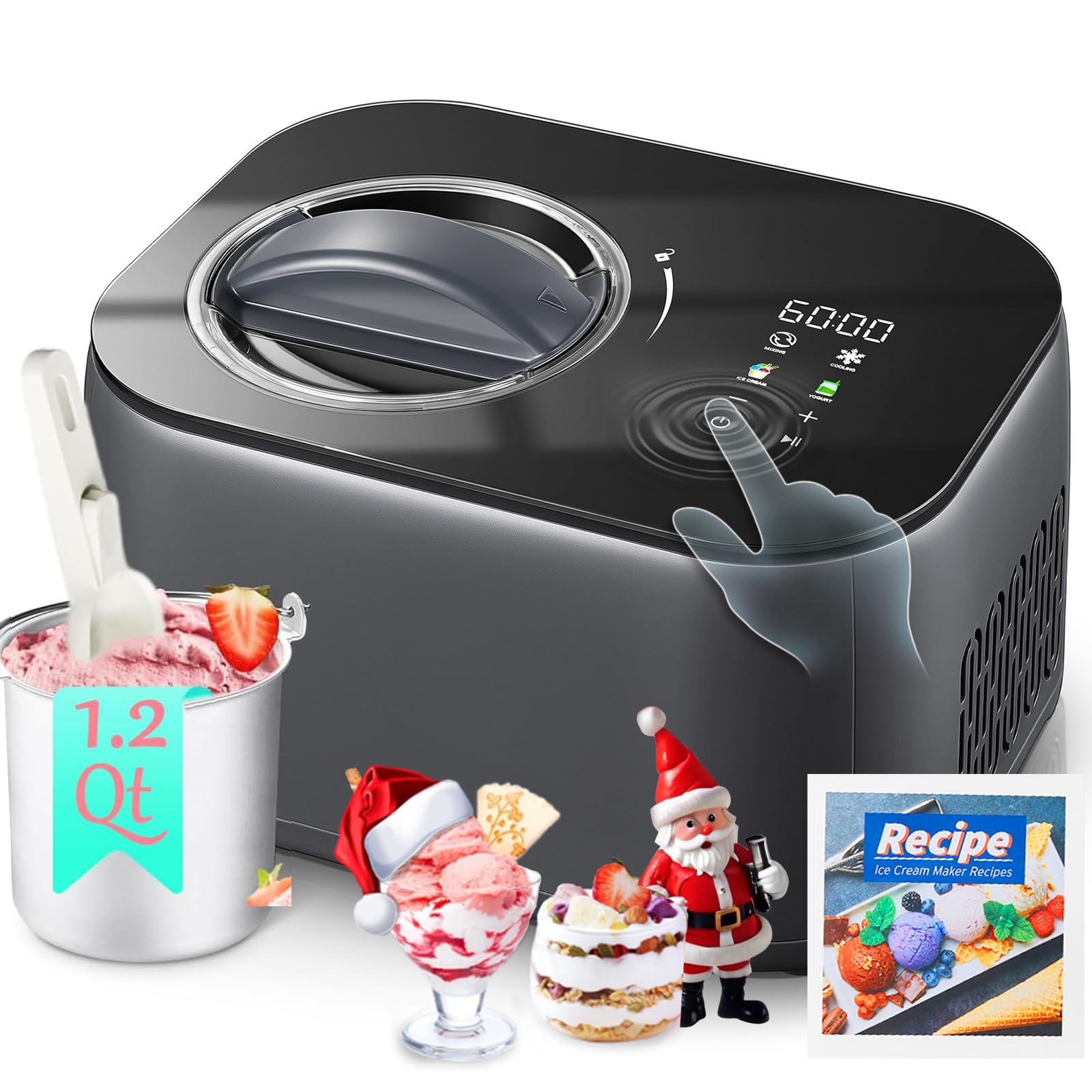 1.2-Quart Automatic Ice Cream Maker with Compressor - No Pre-Freezing, 4 Modes, LCD Display & Timer - Perfect for Homemade Gelato, Frozen Yogurt, Sorbet - Ideal for Parties, Family Gatherings, and Summer Treats
