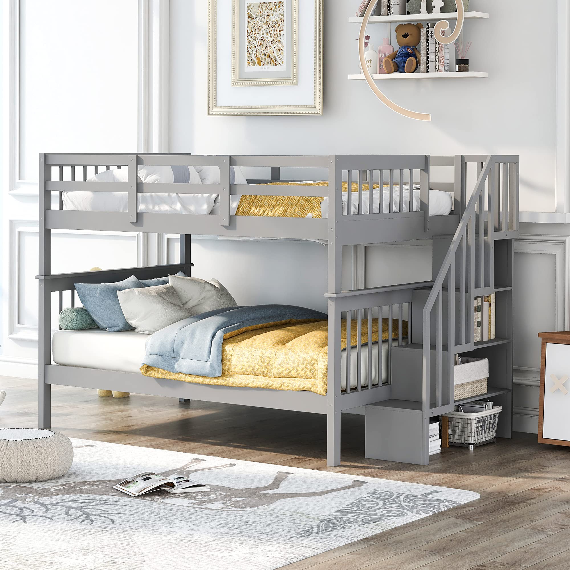 Harper & Bright Designs Full Over Full Wood Bunk Beds with Stairway & Storage, Convertible Bunk Bed Frame for Adults, Kids, Teens - Grey | Space-Saving Solution for Bedrooms, Guest Rooms & Vacation Homes