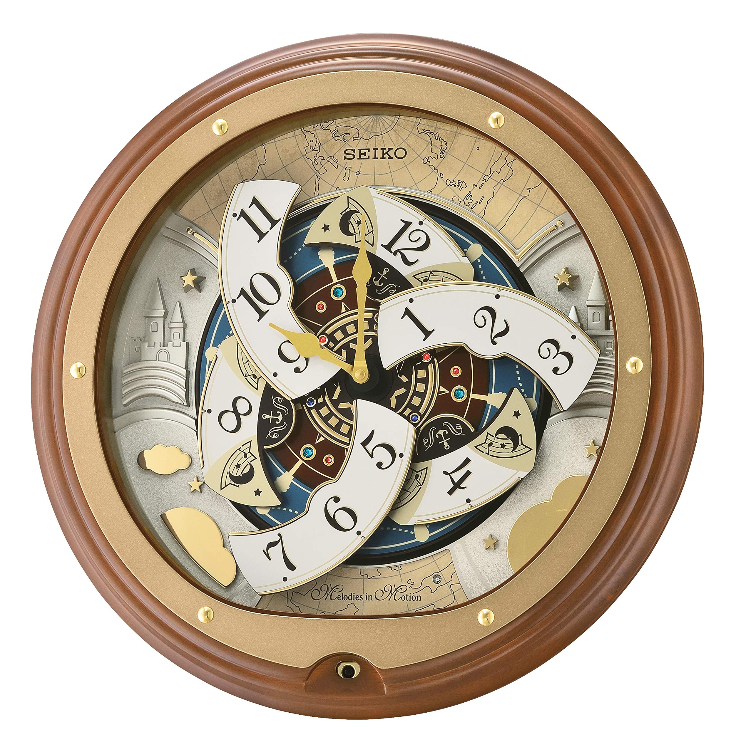 Seiko Melodies in Motion Wall Clock with Atlas Design - Battery Operated Musical Quartz Clock for Living Room, Bedroom & Office Decor