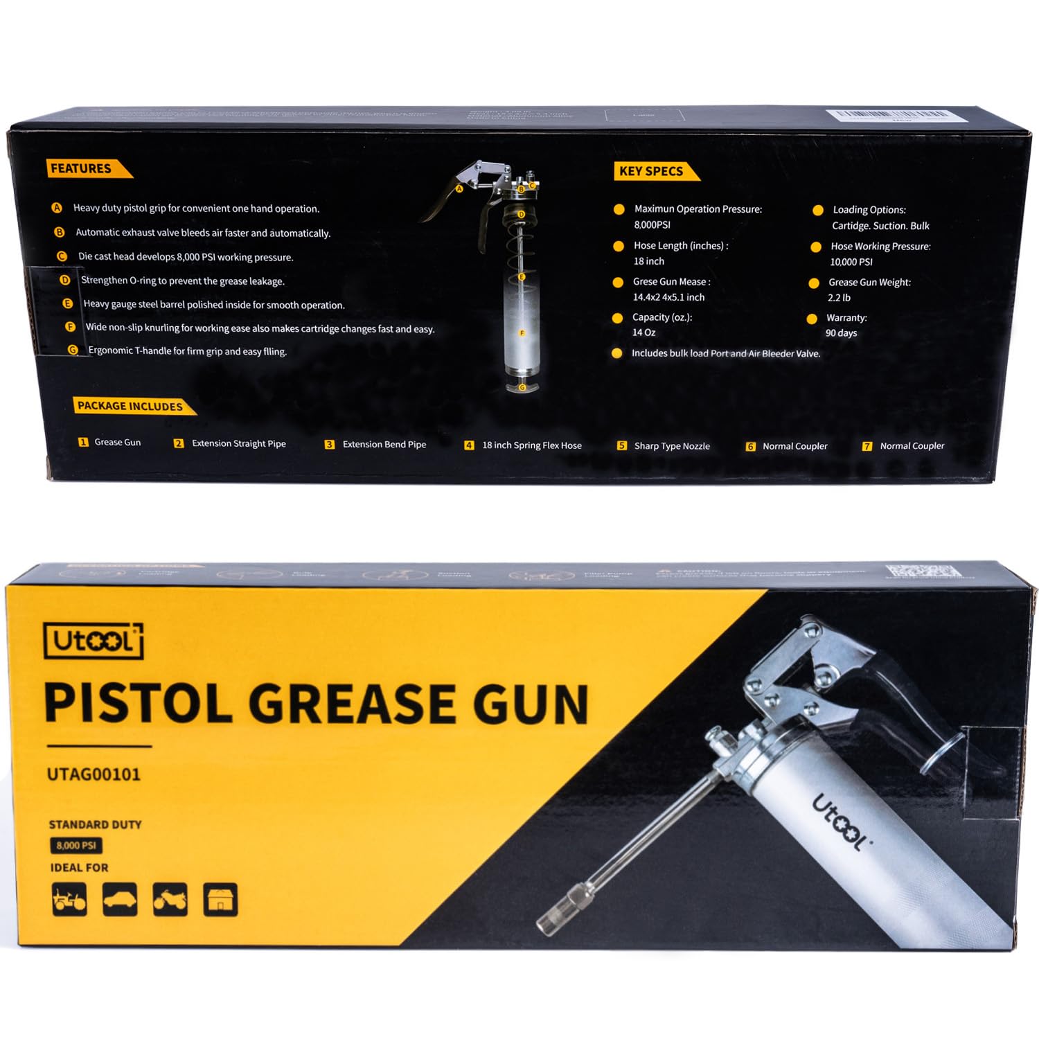 UTOOL 8000 PSI Heavy Duty Pistol Grip Grease Gun Kit - 14 oz Capacity with 18 Inch Resin Flex Hose, 2 Couplers, 2 Extension Pipes & Nozzle - Perfect for Automotive, Industrial & Farm Equipment Maintenance